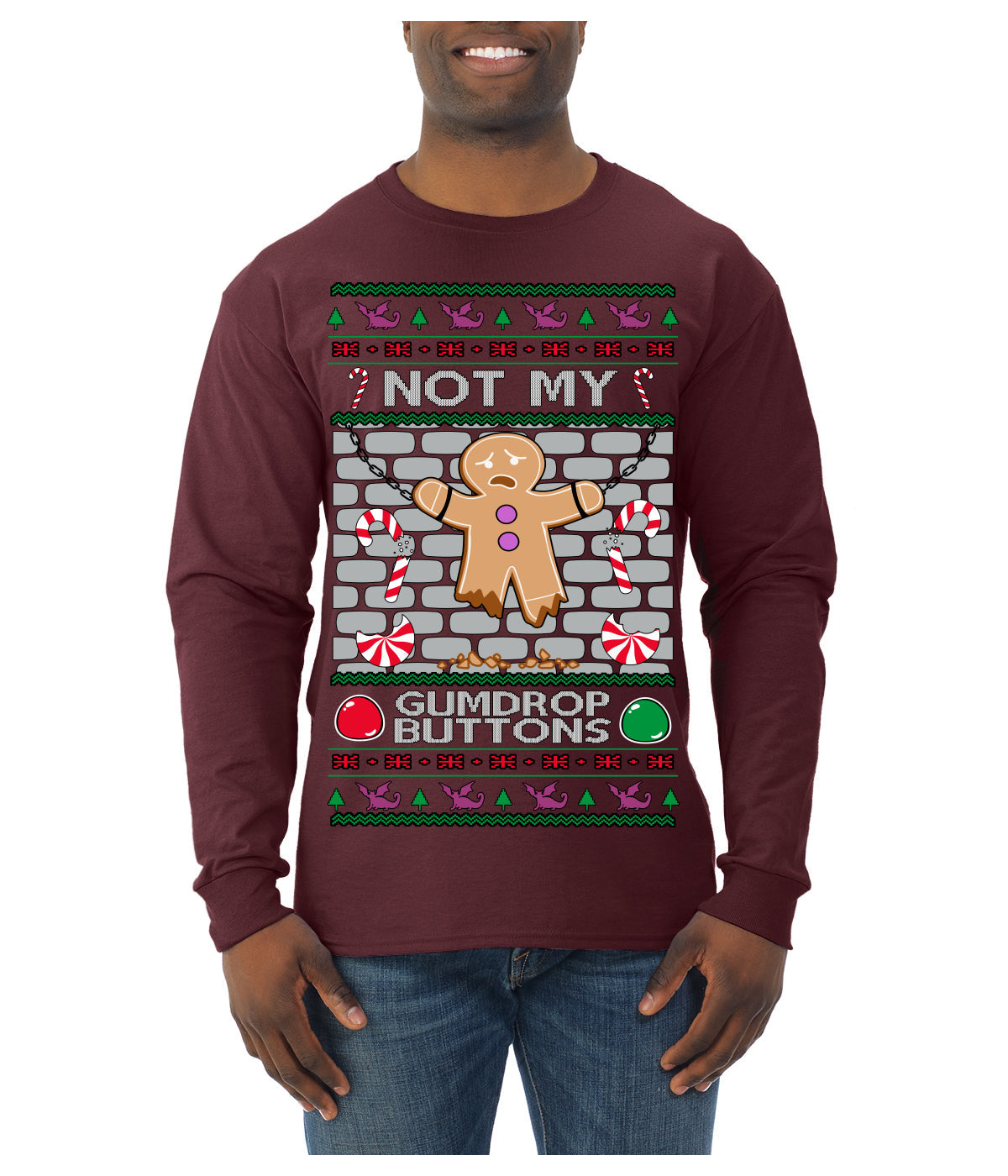 Not My Gumdrop Buttons Funny Classic Movie Quote Ugly Christmas Sweater Mens Long Sleeve Shirt