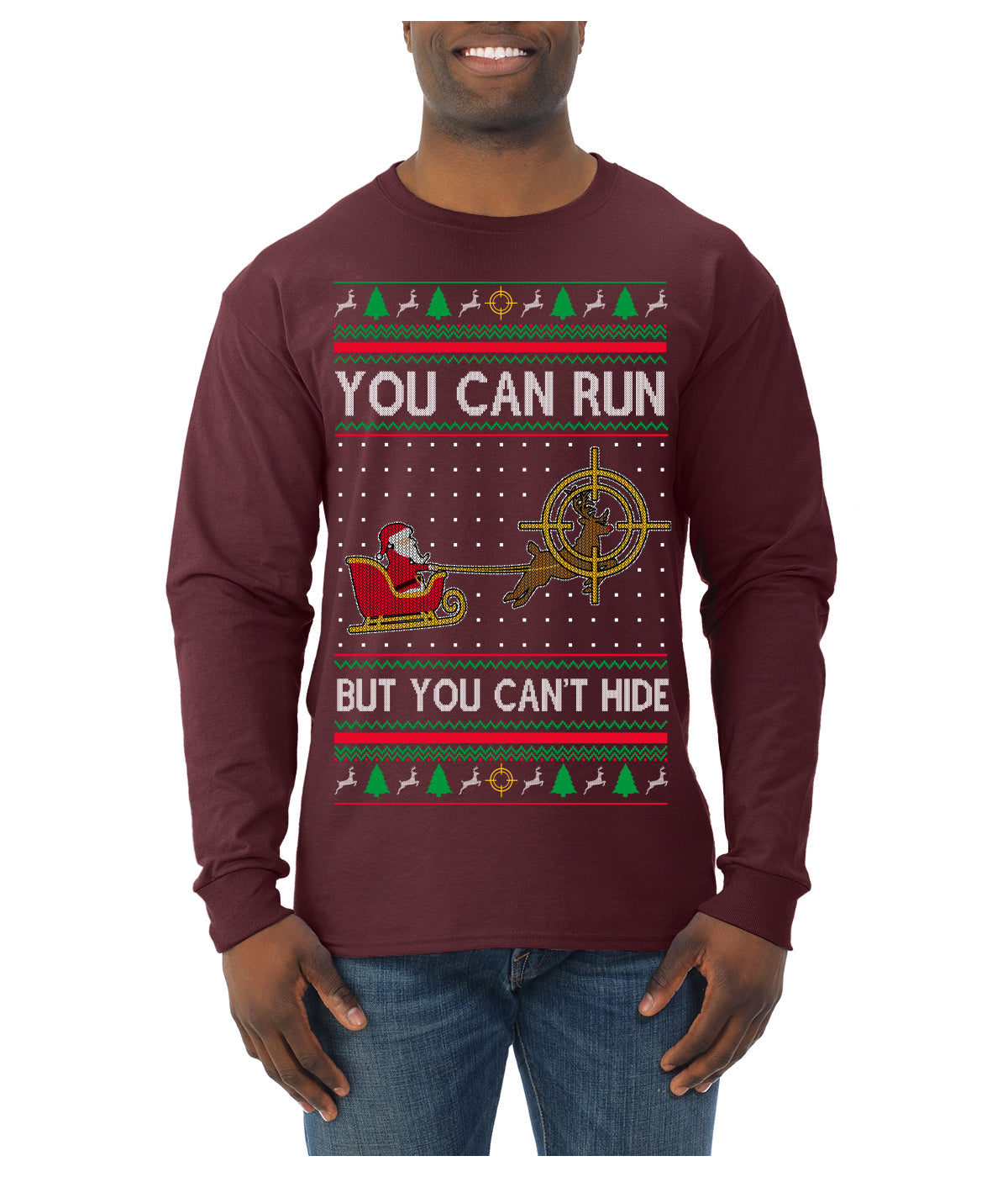 You Can Run But You Can't Hide Santa Sleigh Reindeer Ugly Christmas Sweater Mens Long Sleeve Shirt