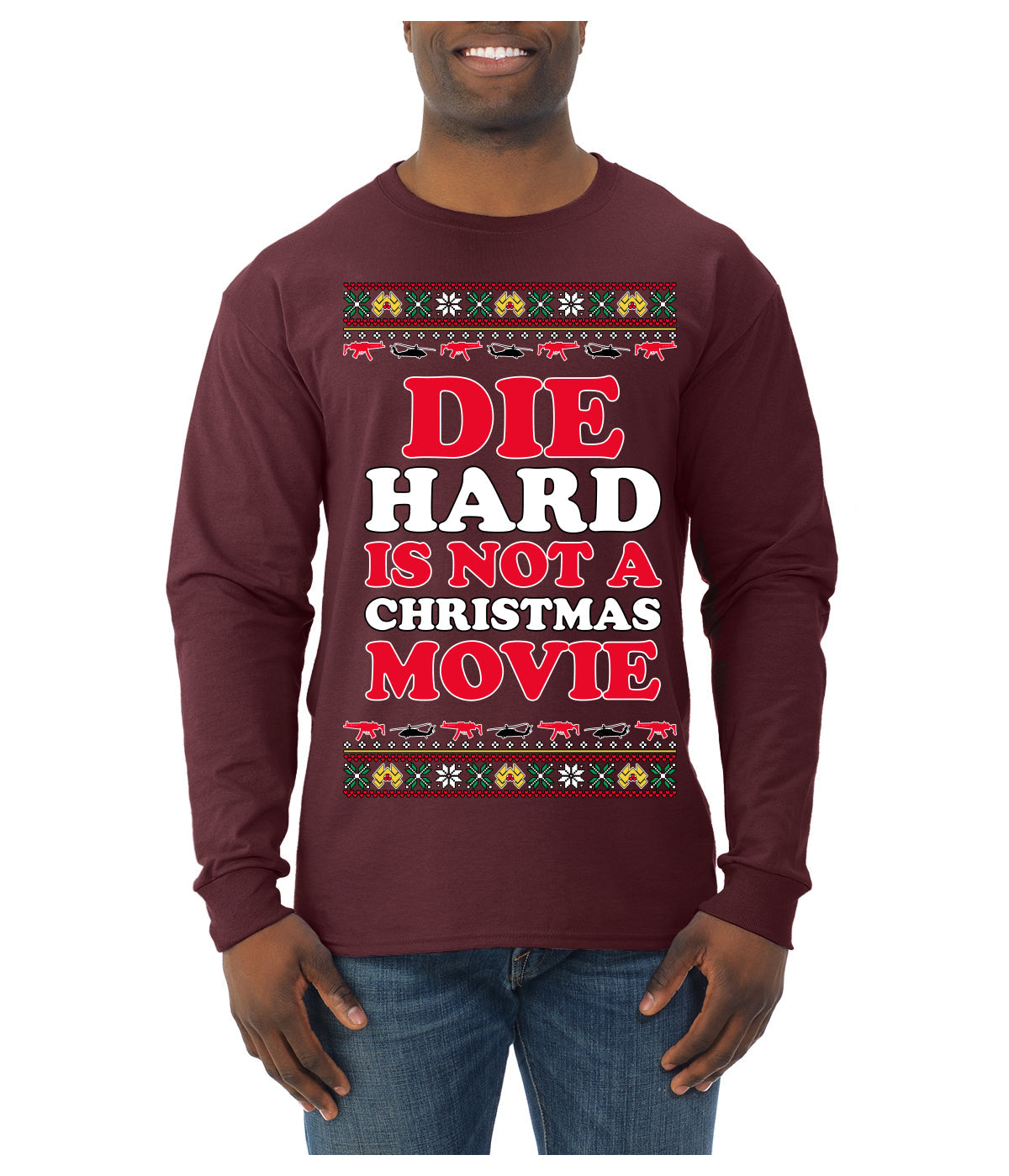Die Hard is Not a Christmas Movie Classic, McClane Hans Nakatomi Plaza Xmas Party Holiday Movies Ugly Christmas Sweater Mens Long Sleeve Shirt