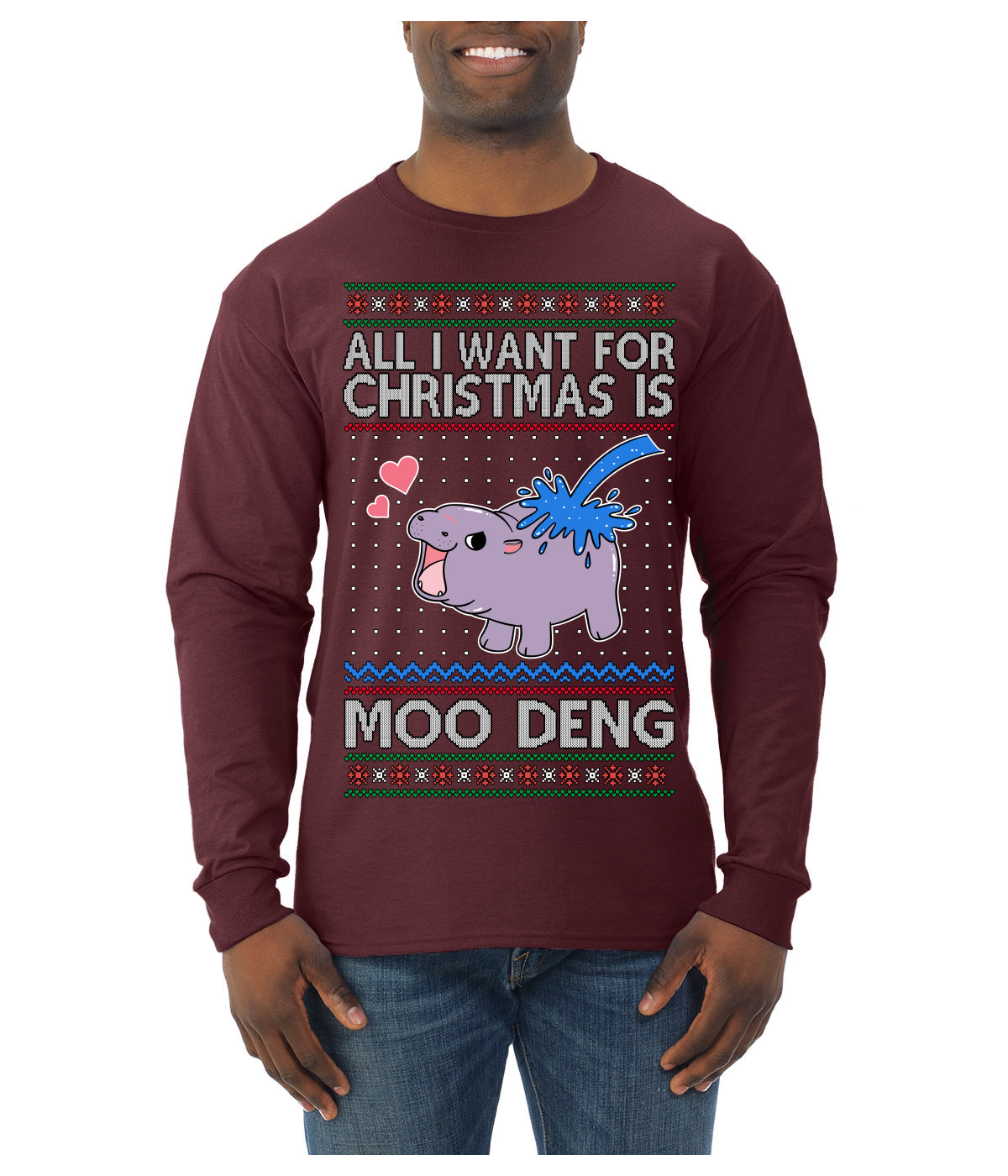 All I Want for Christmas is Moo Deng Cute Pygmy Hippo Ugly Christmas Sweater Mens Long Sleeve Shirt