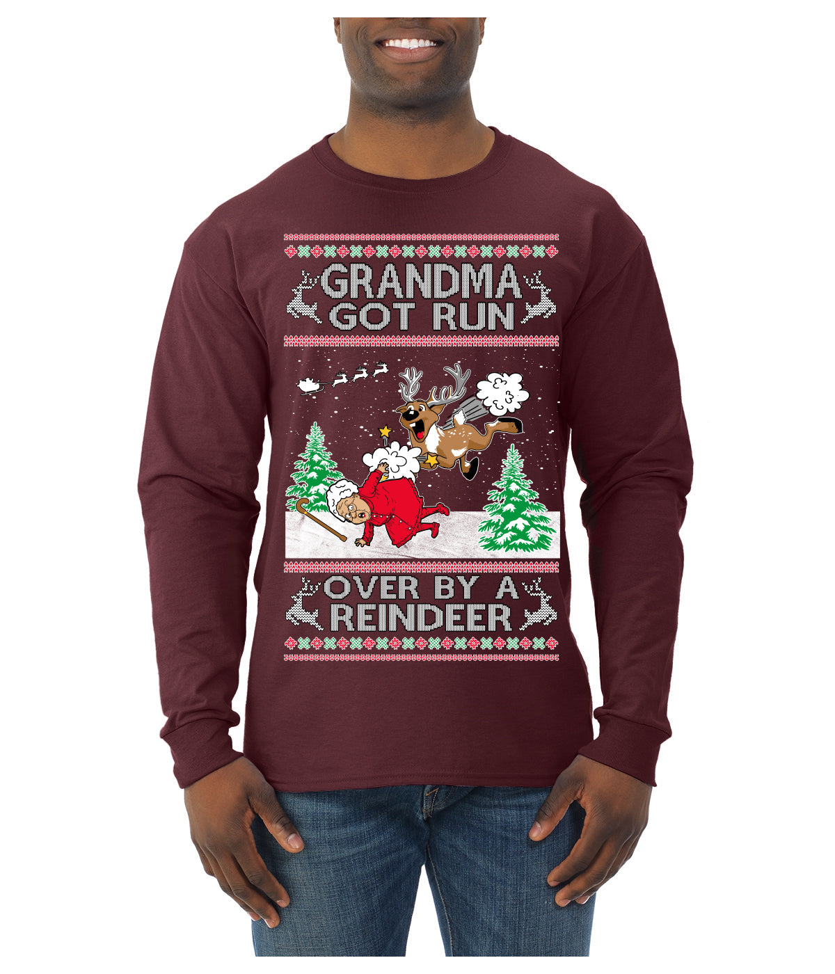 Grandma Got Run Over by a Reindeer, Funny Animated Design Rein Deer Kids TV Song Movie Ugly Christmas Sweater Mens Long Sleeve Shirt