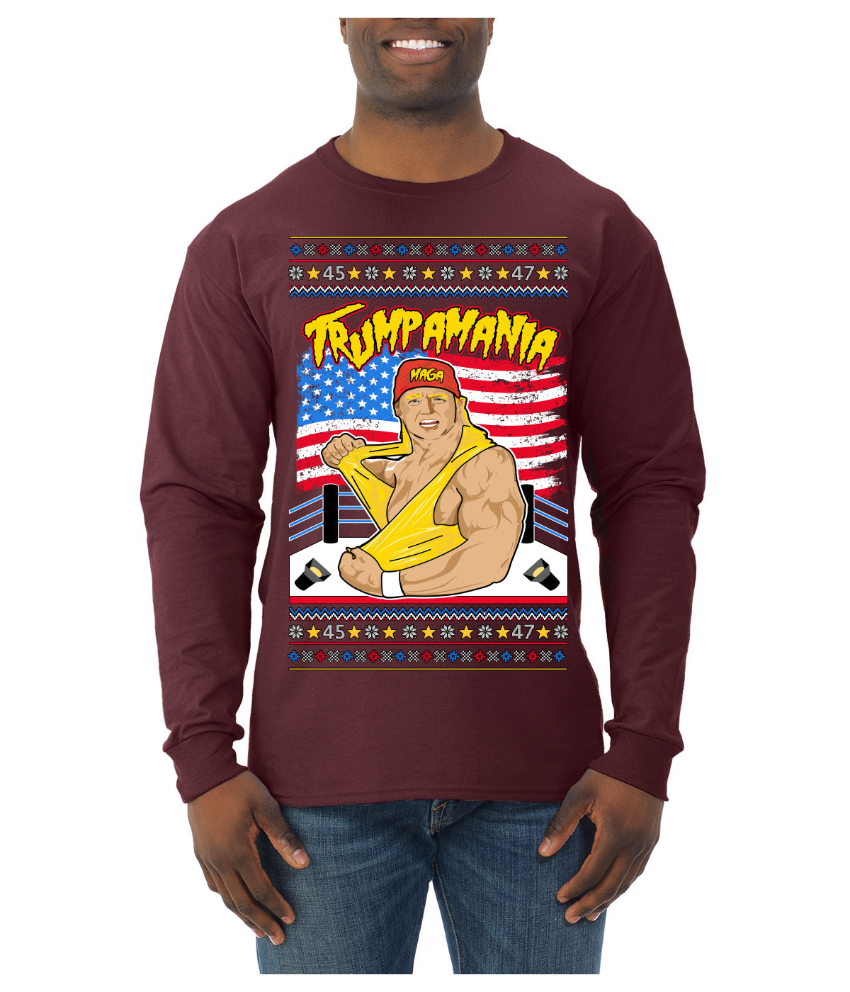 Trumpamania Funny Hogan 80s USA Wrestling Sports Parody Ugly Christmas Sweater Mens Long Sleeve Shirt