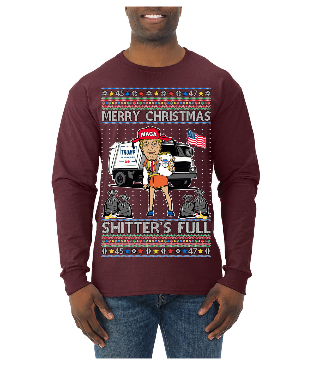 Donald Trump Merry Christmas Shitter's Full Cousin Eddie Ugly Christmas Sweater Mens Long Sleeve Shirt