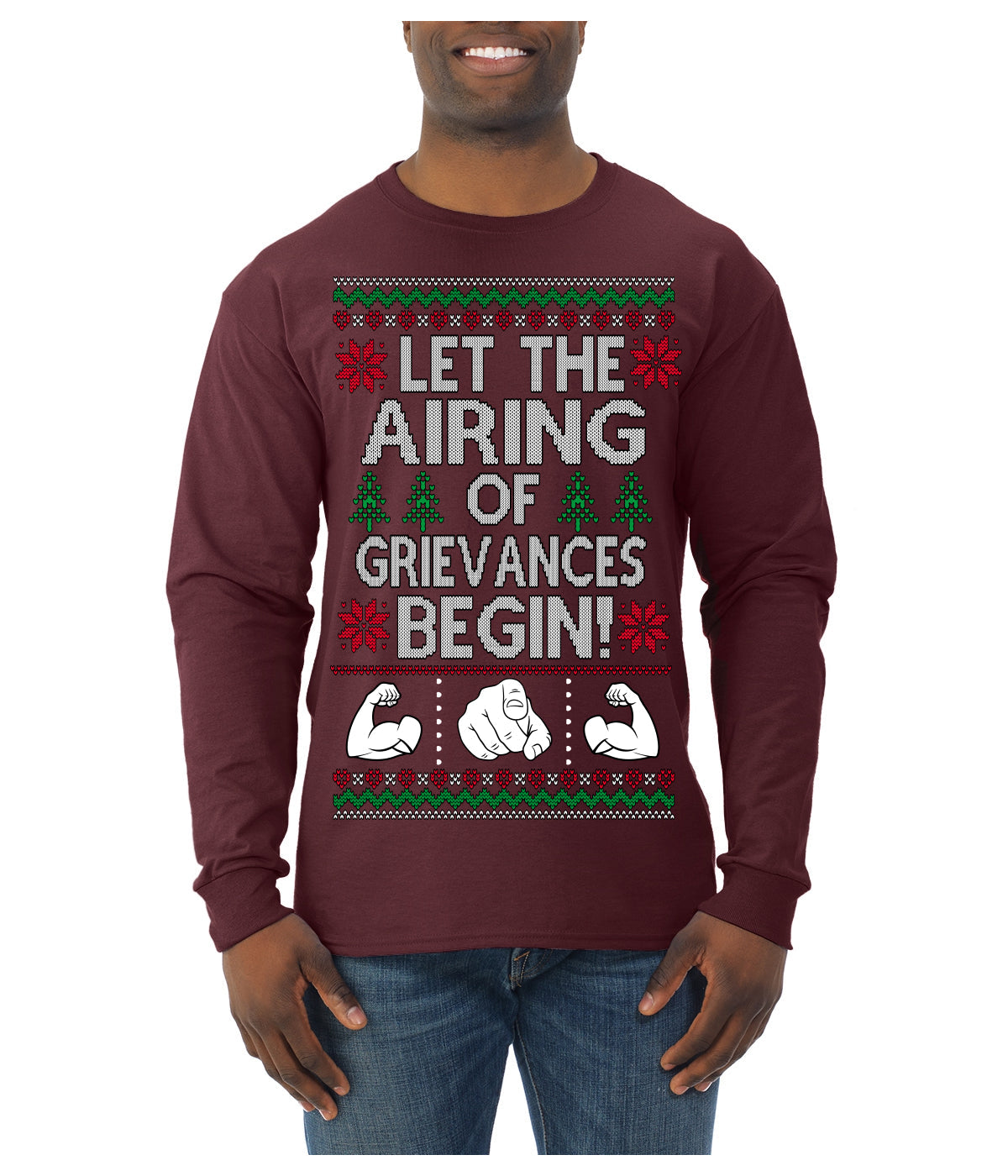 Let the Airing of Grievances Begin Funny TV Sitcom Festivus Ugly Christmas Sweater Mens Long Sleeve Shirt