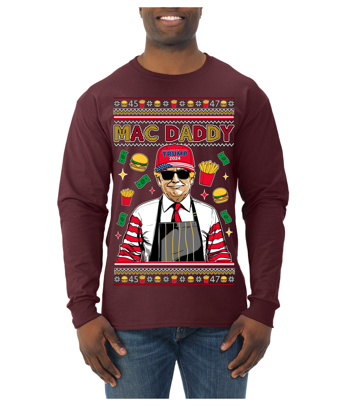 Mac Daddy Funny Viral Trump Meme Fast Food Fries Burgers Ugly Christmas Sweater Mens Long Sleeve Shirt
