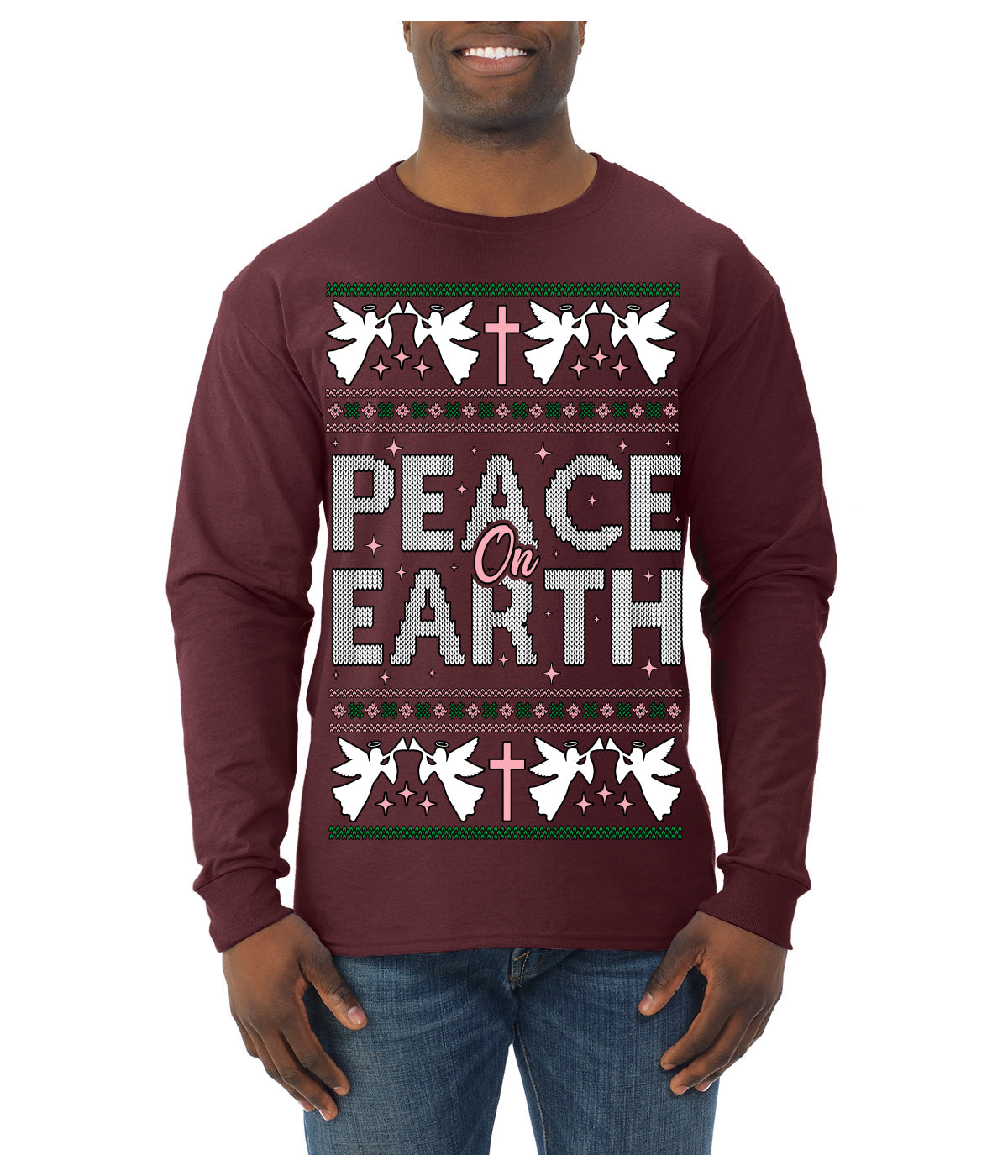 Peace On Earth Funny Xmas Cute Pink Angel Cross Ugly Christmas Sweater Mens Long Sleeve Shirt