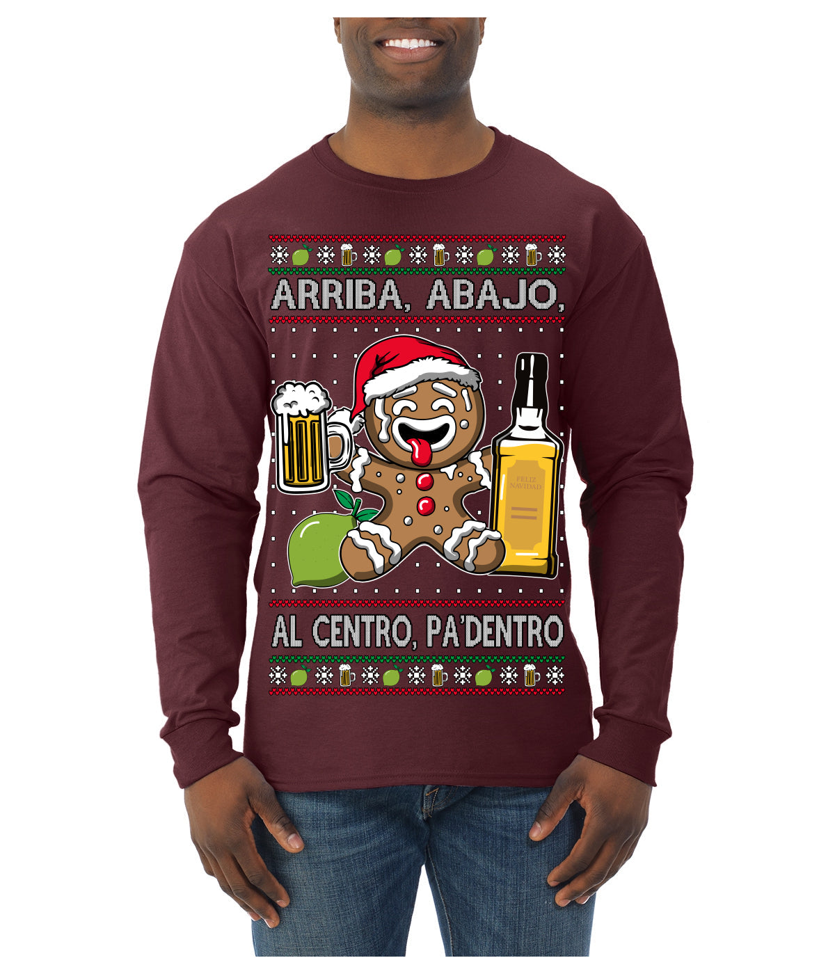 Arriba Abajo Al Centro Pa'Dentro Cheers to Health Salud Ugly Christmas Sweater Mens Long Sleeve Shirt