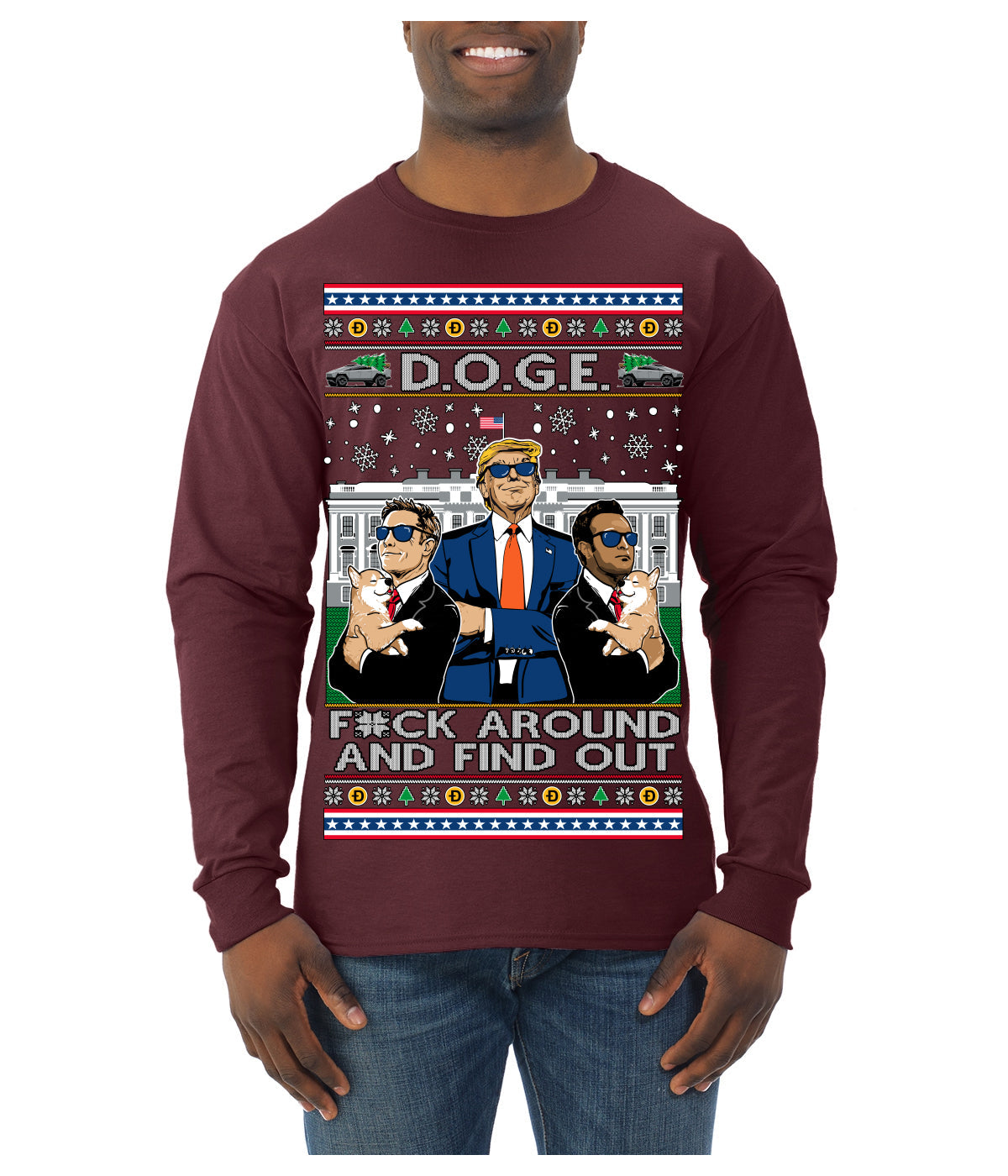 Doge F Around and Find Out Donald Trump Elon Vivek MAGA Ugly Christmas Sweater Mens Long Sleeve Shirt