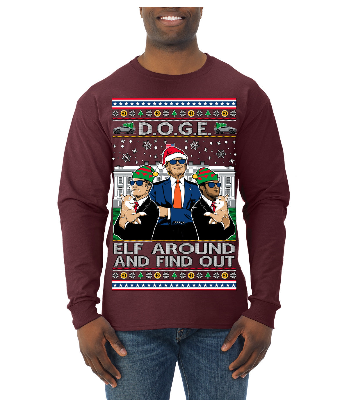 Doge Elf Around and Find Out Trump Elon Vivek MAGA Ugly Christmas Sweater Mens Long Sleeve Shirt