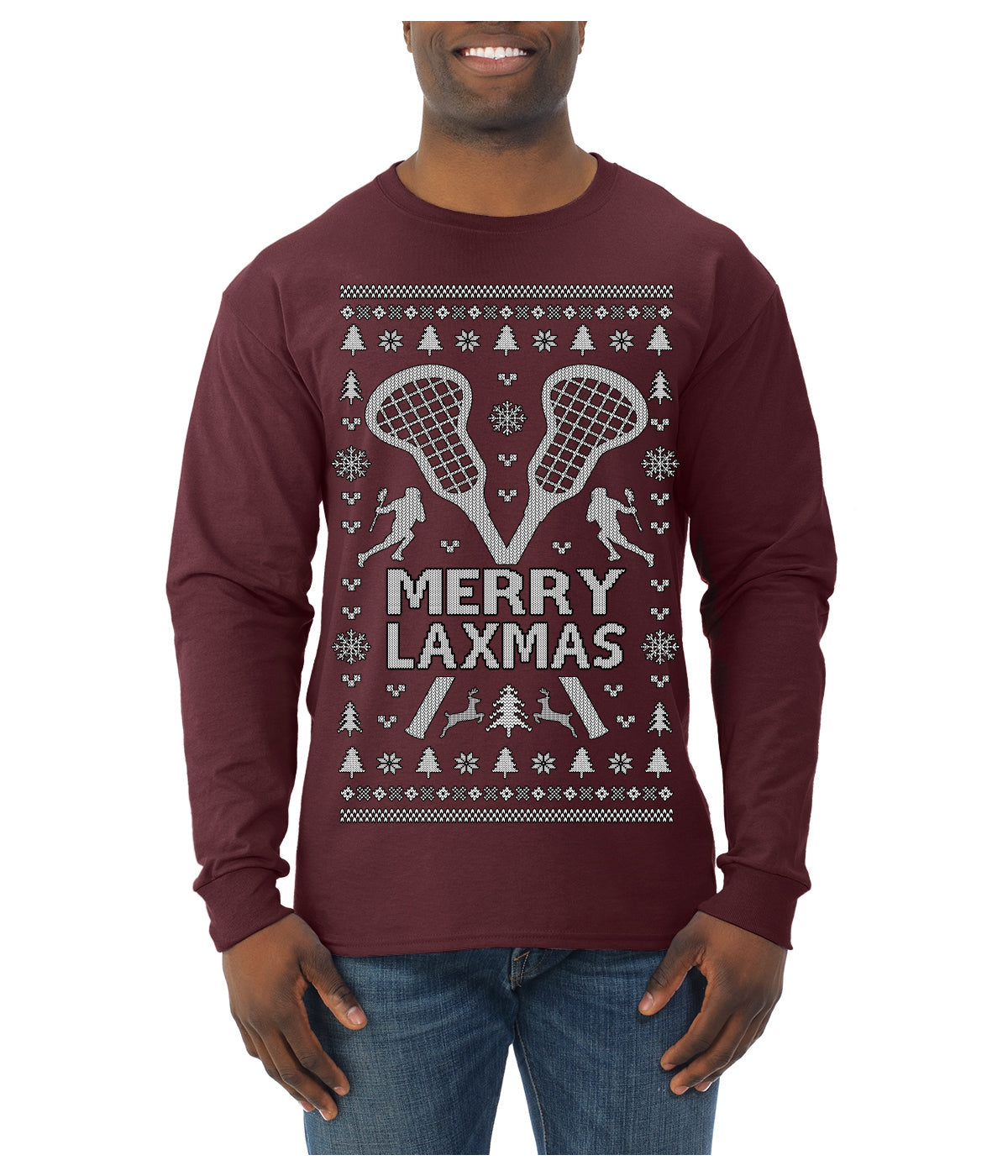 Merry Laxmas Funny Lacrosse Sports LAX Teen Sports Pun Ugly Christmas Sweater Mens Long Sleeve Shirt
