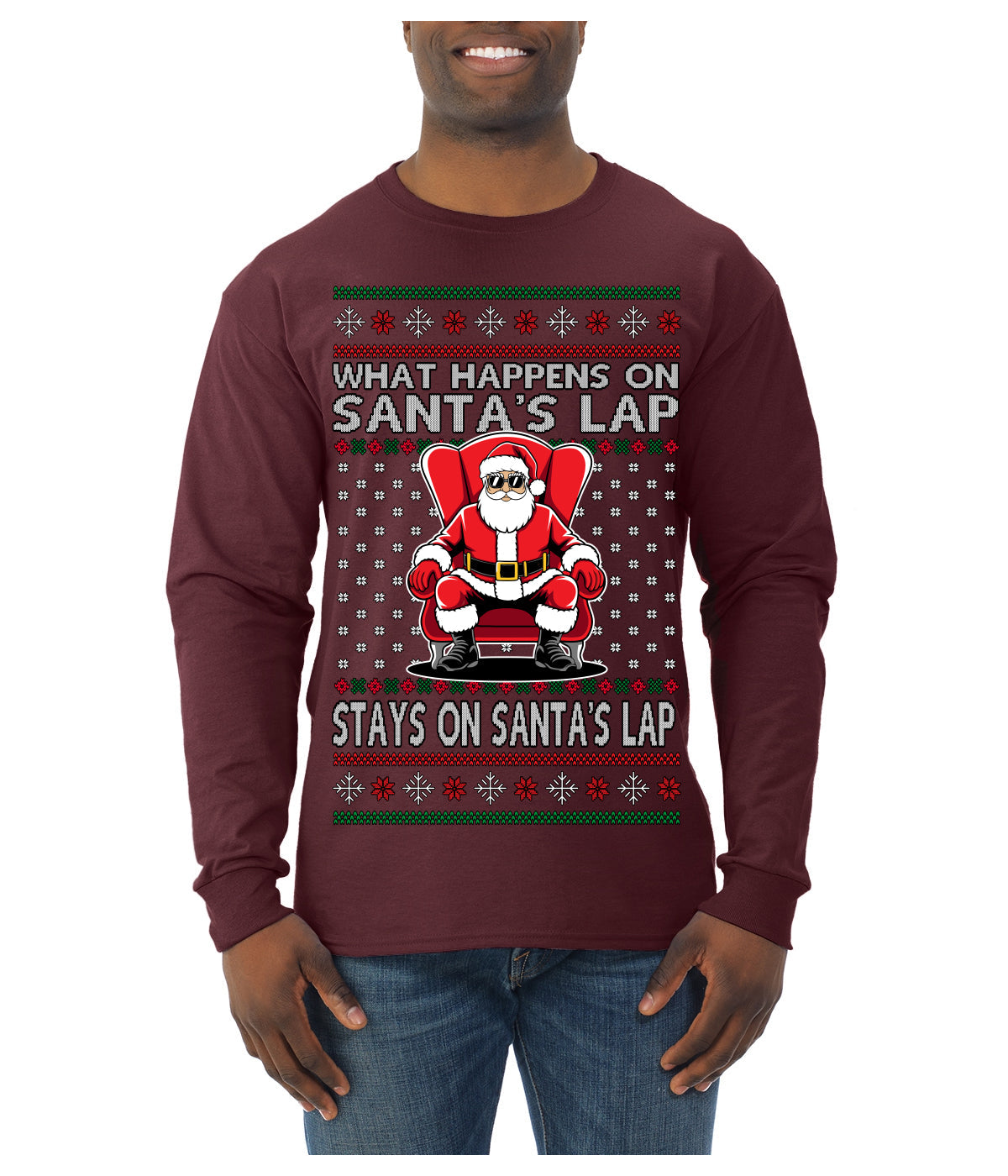 What Happens on Santa's Lap Stays on Santa's Lap, Funny Dirty X Rated Naughty Ugly Christmas Sweater Mens Long Sleeve Shirt