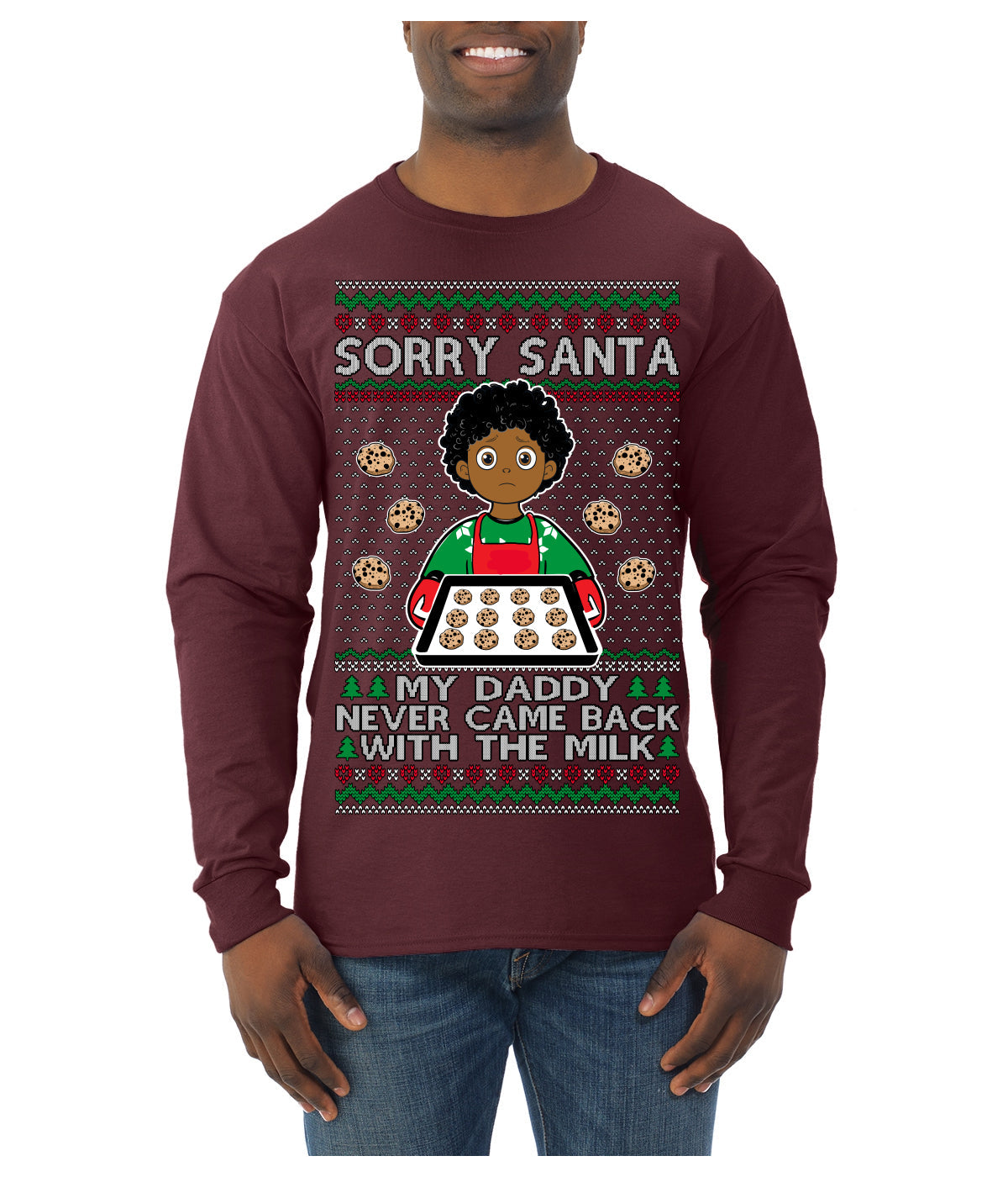 Sorry Santa Dad Never Came Back With Milk, Other Kid, Funny Viral Daddy Left Sad Kid Meme Ugly Christmas Sweater Mens Long Sleeve Shirt