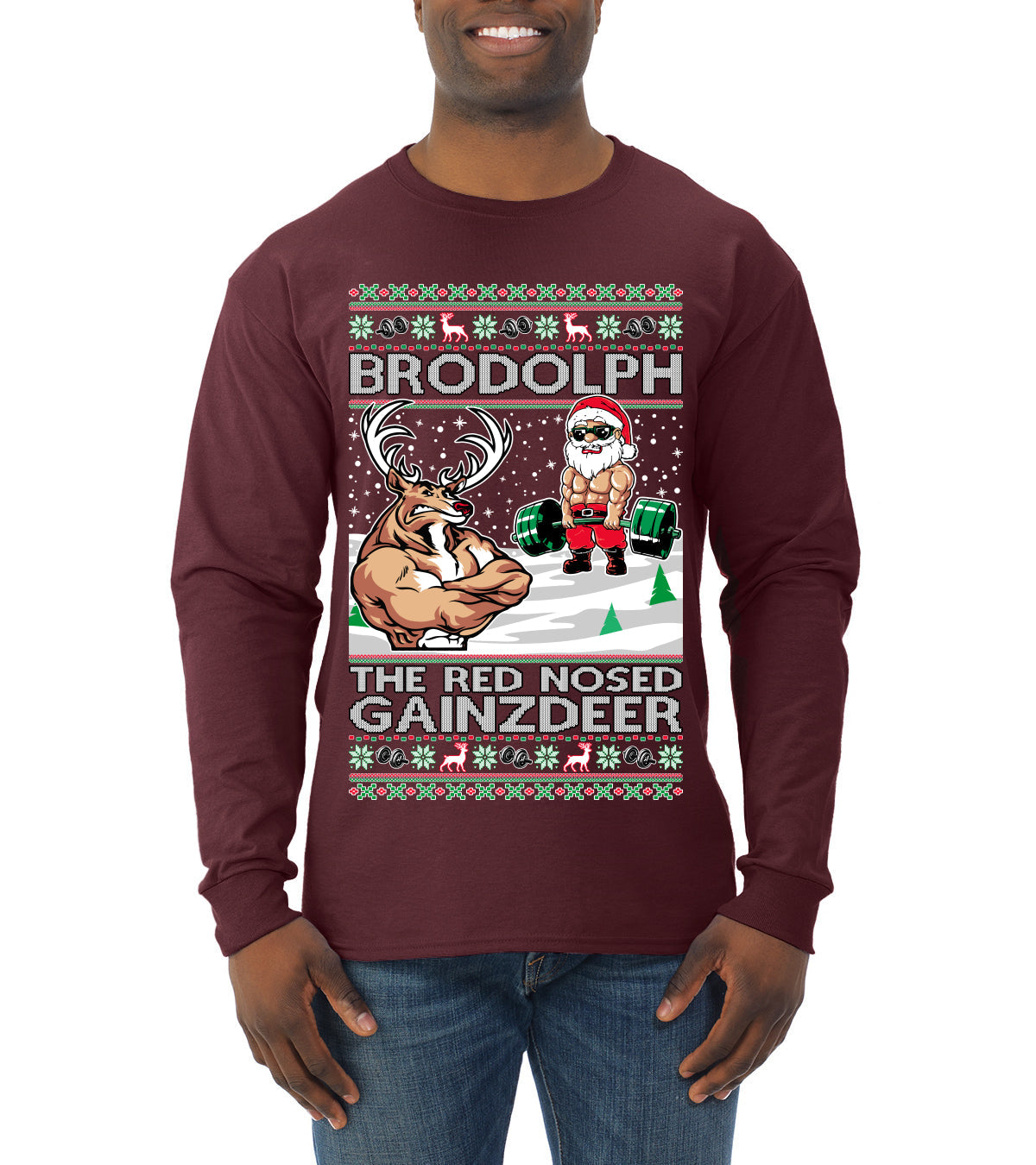 Brodolph Santa Working Out Gym the Red Nosed Gainzdeer Ugly Christmas Sweater Mens Long Sleeve Shirt