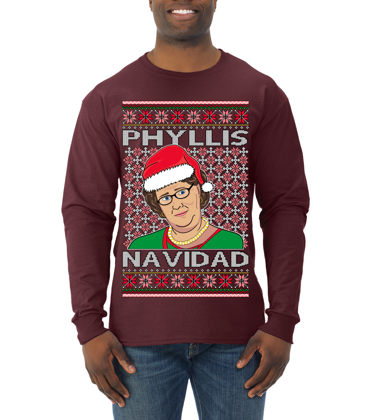 Office Phyllis Navidad Happy Holiday Ugly Christmas Sweater Mens Long Sleeve Shirt