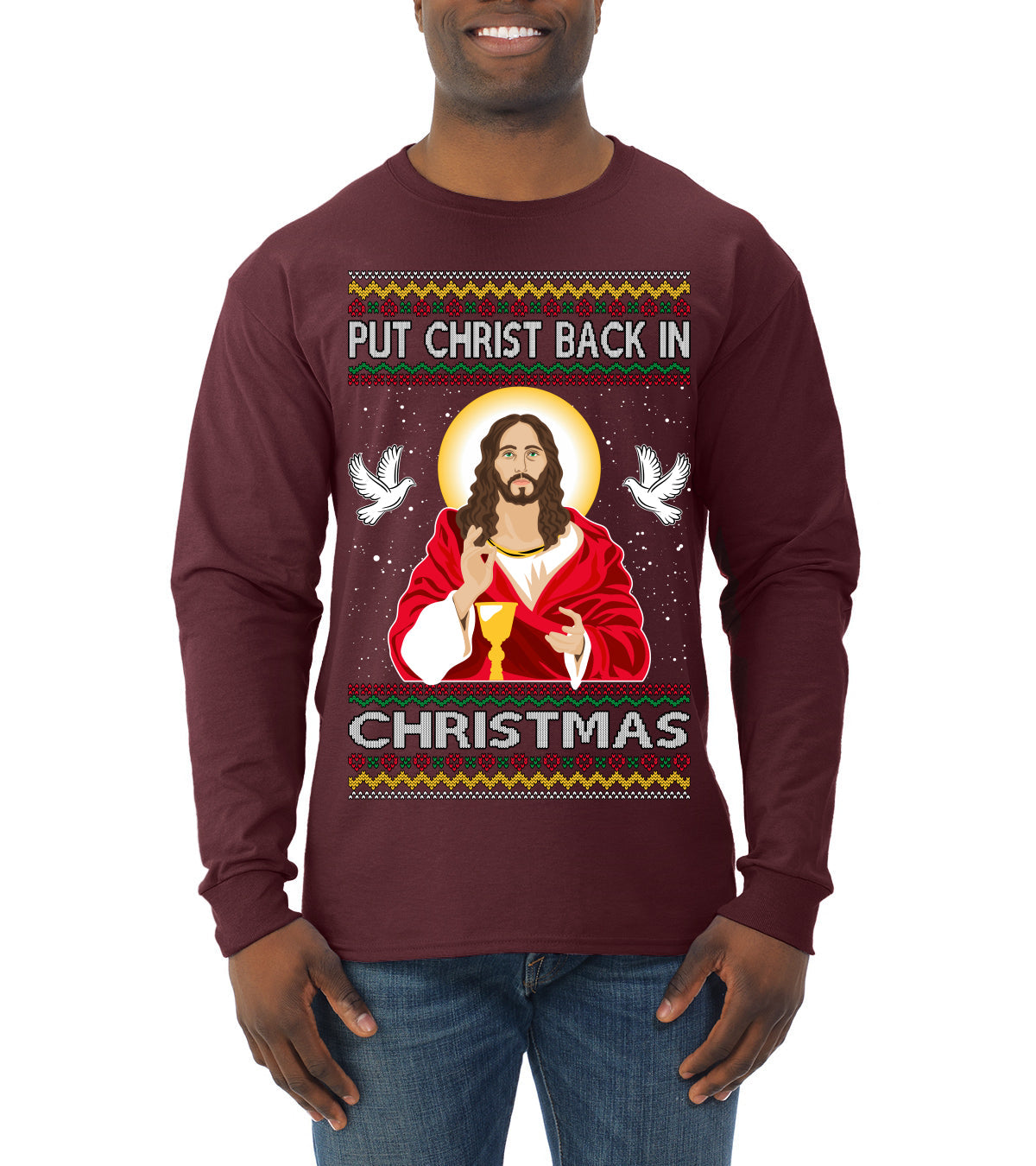 Put Christ Back In Christmas Ugly Christmas Sweater Mens Long Sleeve Shirt
