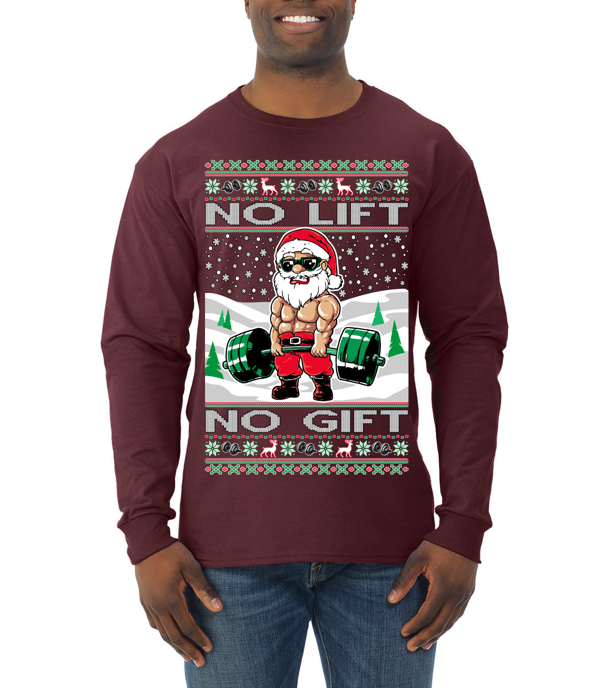No Lift No Gift Fitness Workout Santa Ugly Christmas Sweater Mens Long Sleeve Shirt