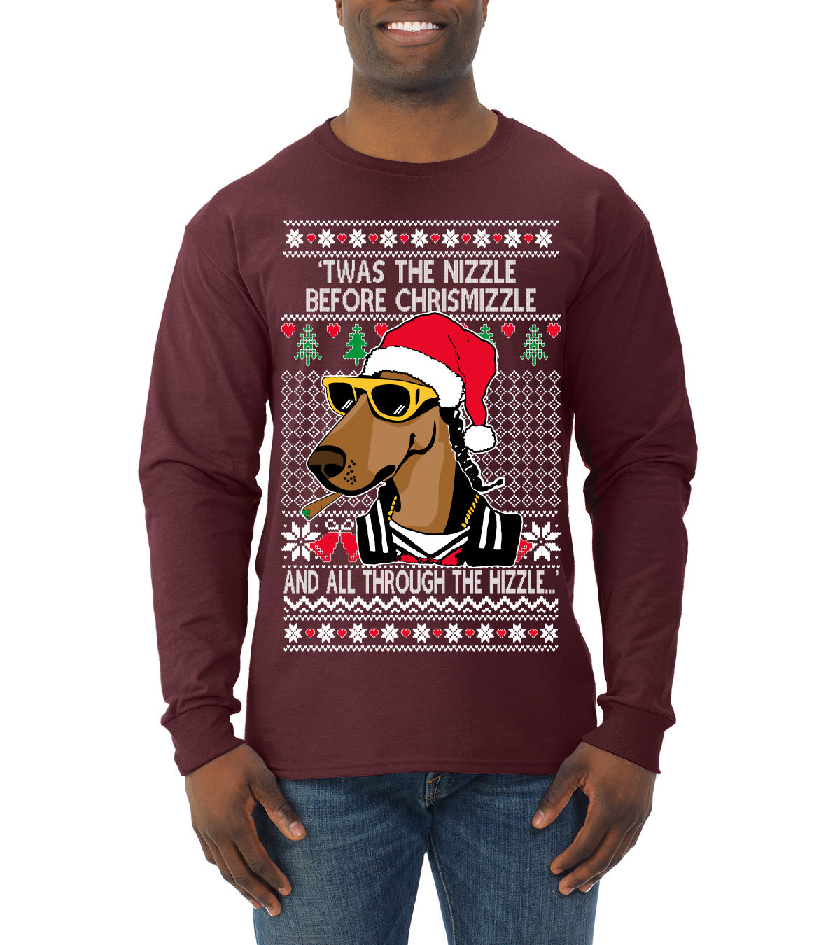 Twas The Nizzle Before Chrismizzle Gangster Dogg Rapper Ugly Christmas Sweater Mens Long Sleeve Shirt