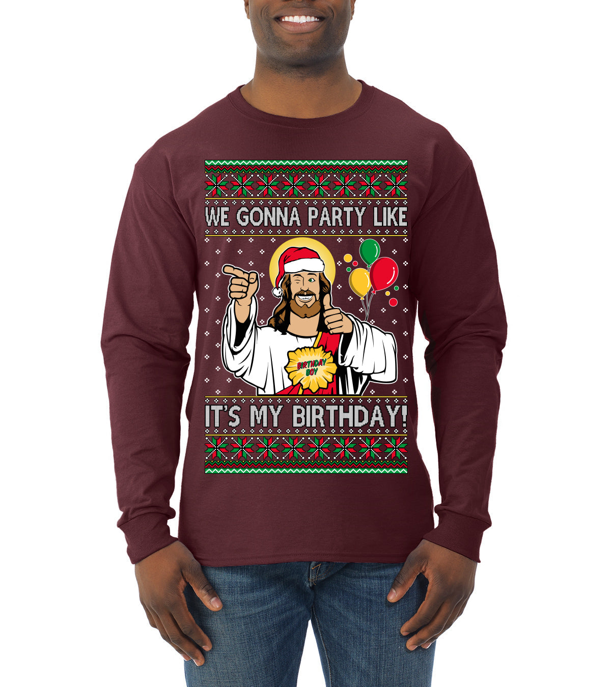 Gonna Party Like It's My Birthday Jesus Ugly Christmas Sweater Mens Long Sleeve Shirt