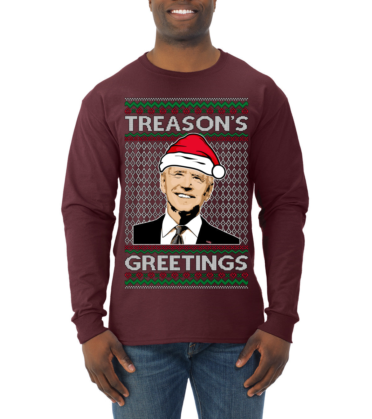 Treason's Greetings Biden President Humor Ugly Christmas Sweater Mens Long Sleeve Shirt