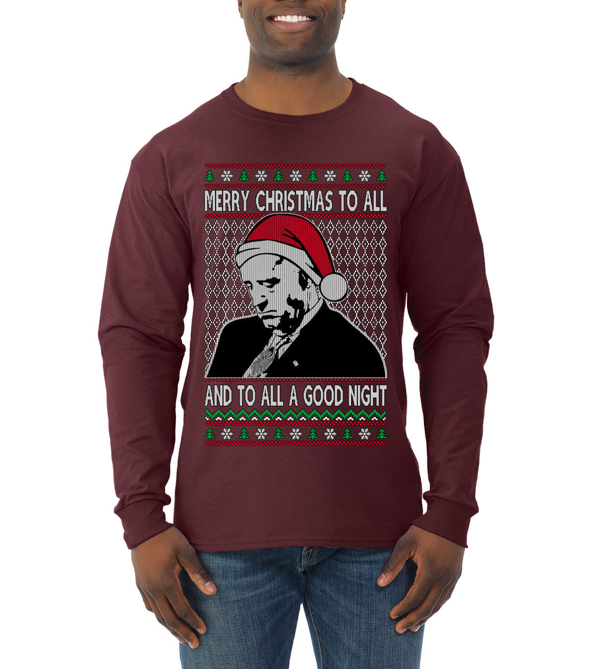Sleepy Joe Merry Xmas To All And All A Good Night Ugly Christmas Sweater Mens Long Sleeve Shirt