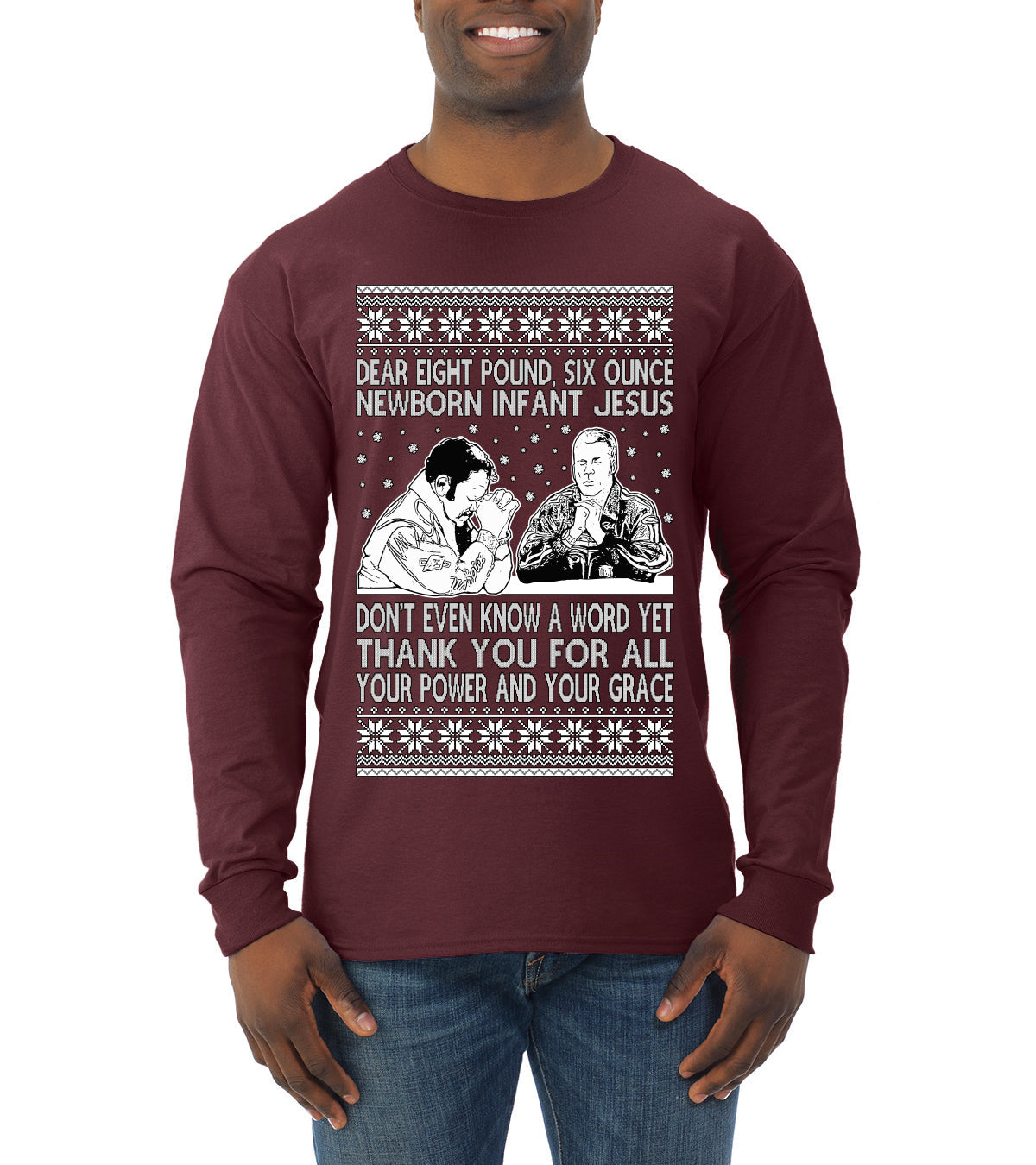 8 Pound 6 Ounce Baby Jesus Shake and Bake  Ugly Christmas Sweater Mens Long Sleeve Shirt