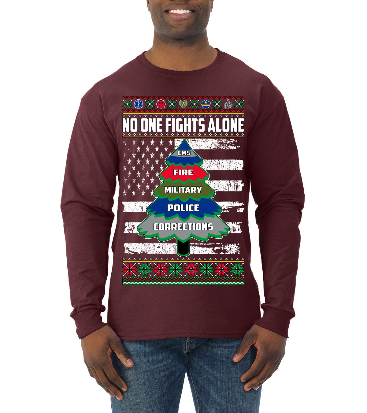 No One Fights Alone Holiday First Responder Police Fire Emt Ugly Christmas Sweater Mens Long Sleeve Shirt