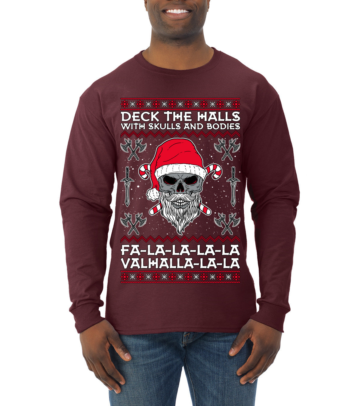 Valhalla Deck The Halls With Skulls & Bodies Ugly Christmas Sweater Mens Long Sleeve Shirt