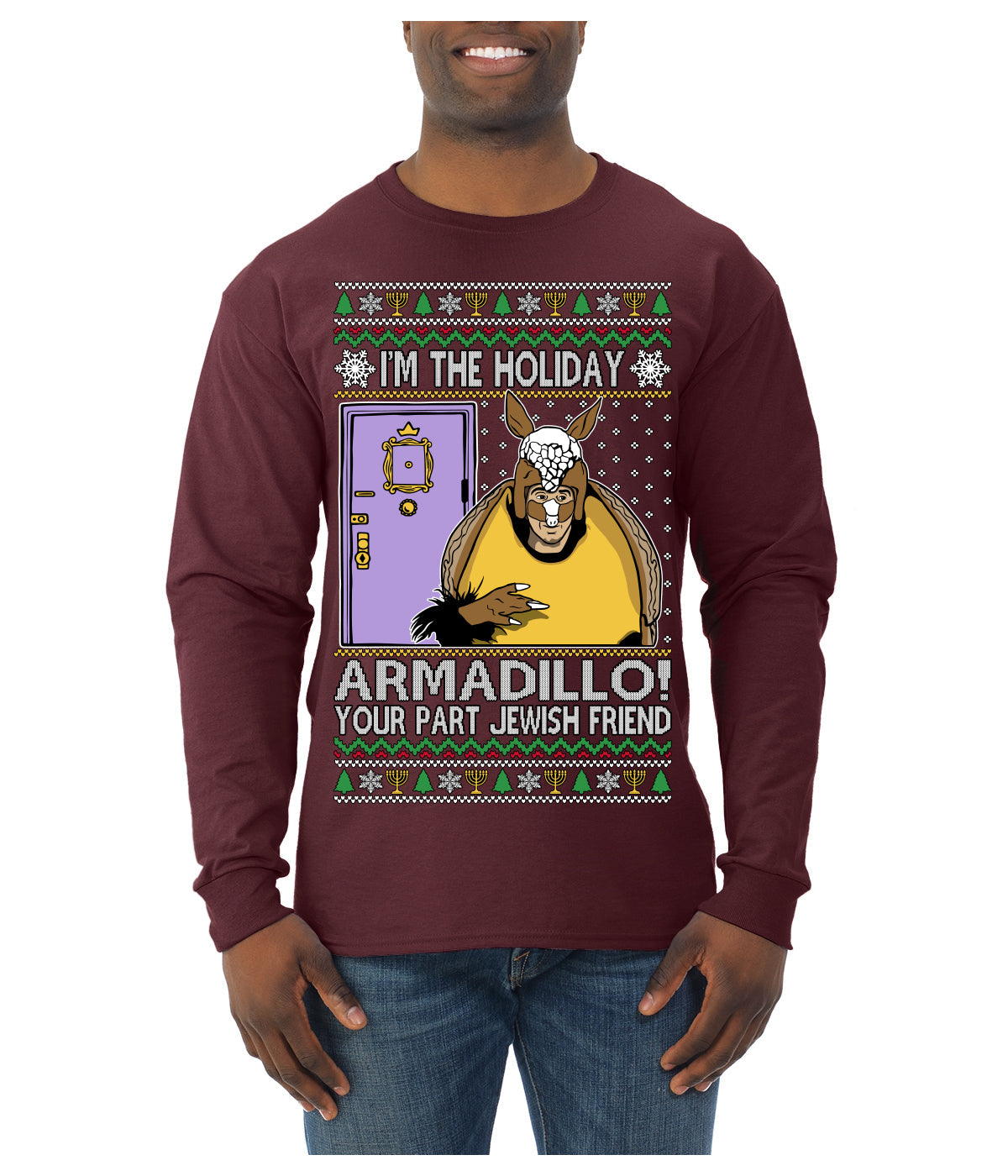 Holiday Armadillo Part Jewish TV Show Ugly Christmas Sweater Mens Long Sleeve Shirt