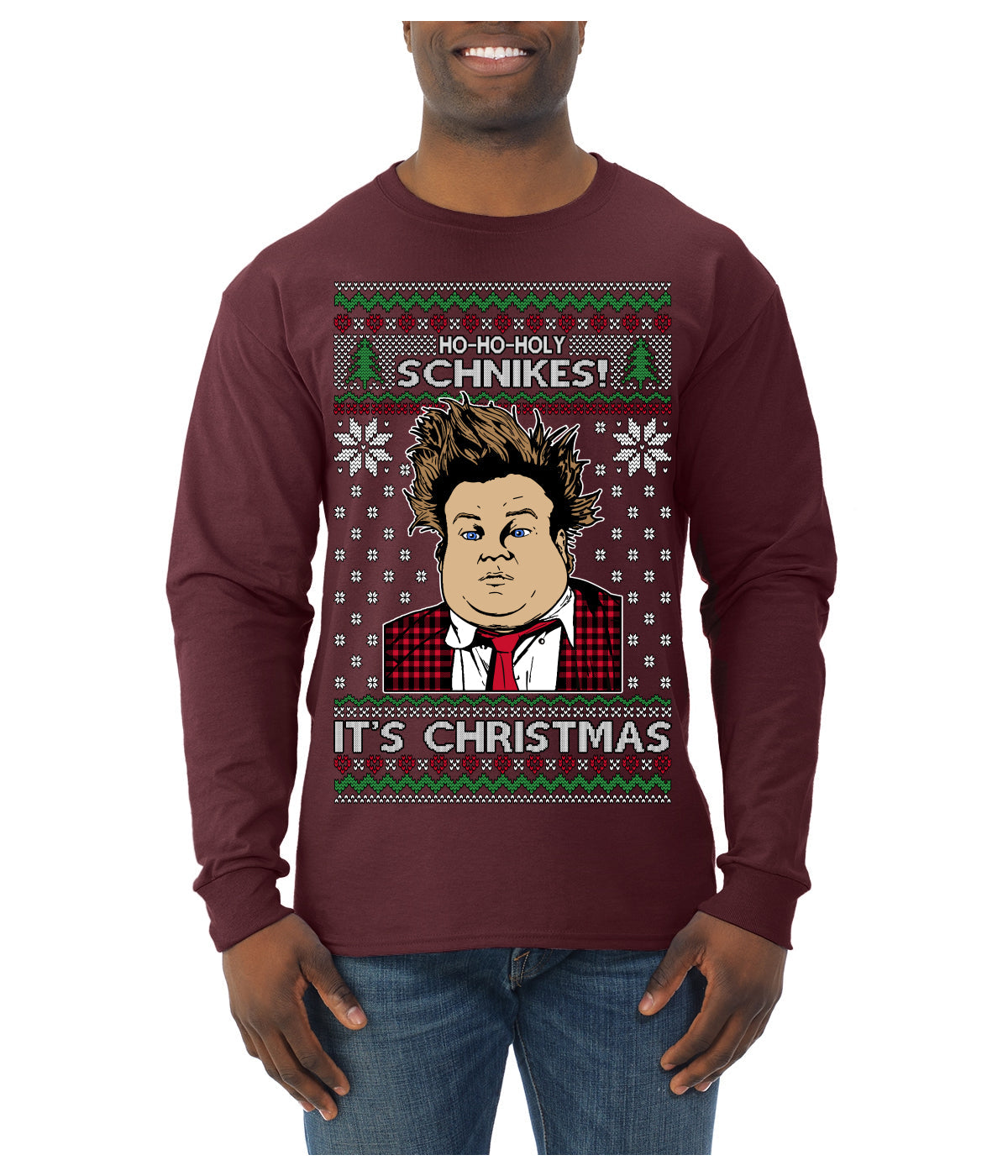 Ho Ho Holy Schnikes Funny 90s Classic Tommy Boy Movie Ugly Christmas Sweater Mens Long Sleeve Shirt