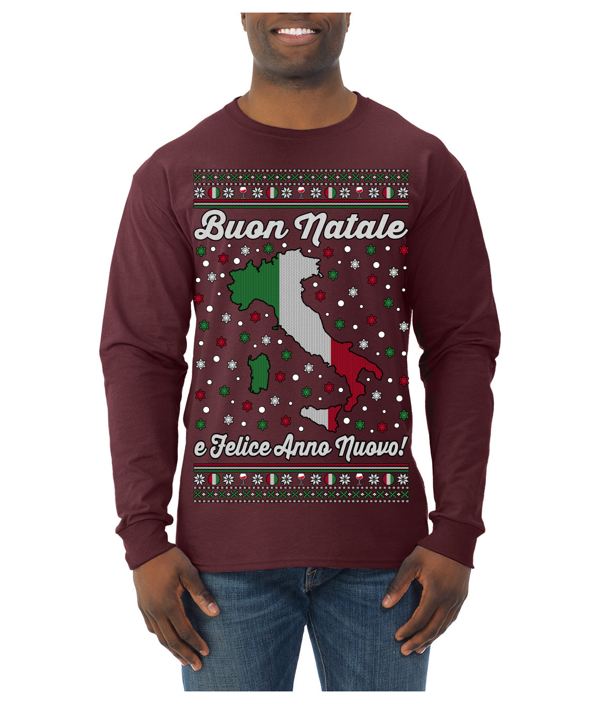 Buon Natale e Felice Anno Nuovo! Merry Christmas and Happy New Year Ugly Christmas Sweater Mens Long Sleeve Shirt