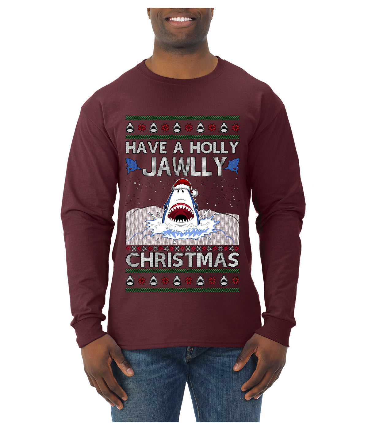 Have a Holly Jawlly Christmas, Cute Shark, Ugly Christmas Sweater Mens Long Sleeve Shirt