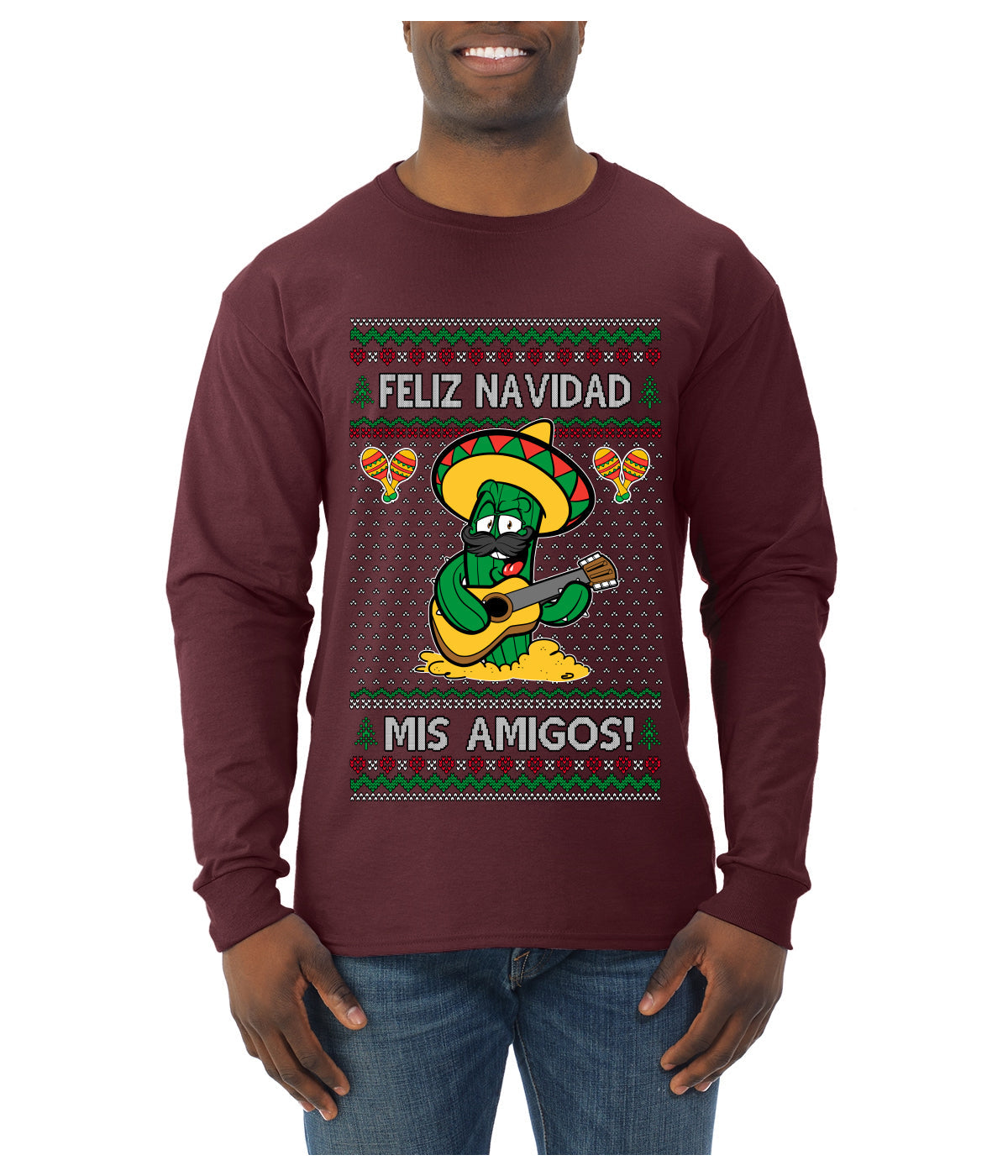 Feliz Navidad Mis Amigos!, Ugly Christmas Sweater Mens Long Sleeve Shirt