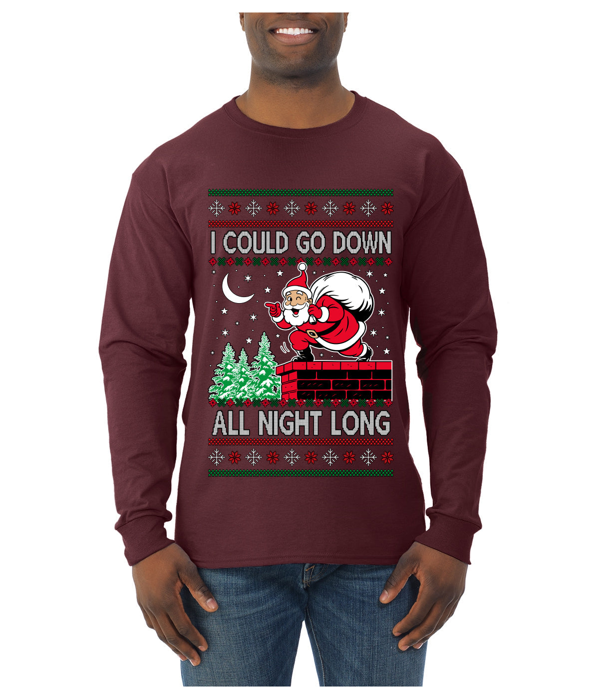 I Could Go Down All Night Long, Ugly Christmas Sweater Mens Long Sleeve Shirt