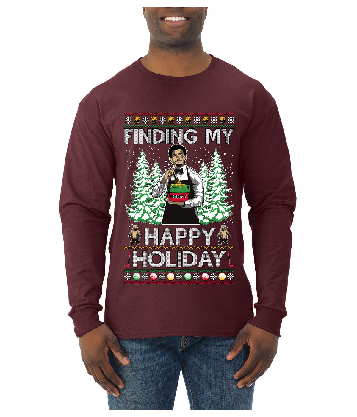 Finding My Happy Holiday, Ugly Christmas Sweater Mens Long Sleeve Shirt