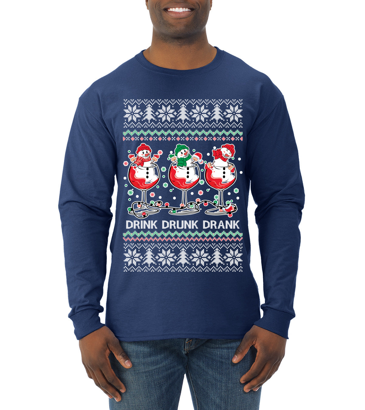 Holiday Spirits Drink Drank Drunk Snowmen Ugly Christmas Sweater Mens Long Sleeve Shirt