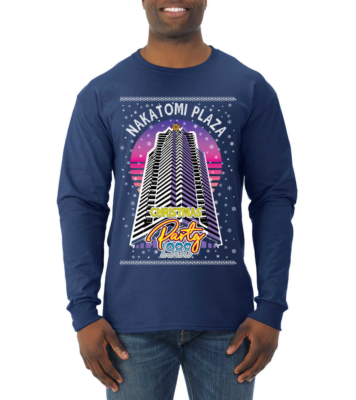 Retro Nakatomi Plaza 1988 Holiday Party Ugly Christmas Sweater Mens Long Sleeve Shirt