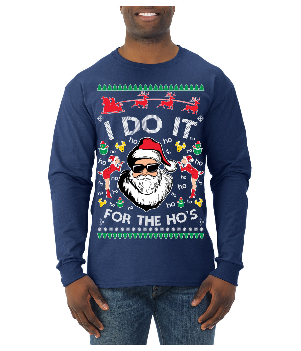 I Do It for the Hos Funny Santa Claus Ugly Christmas Sweater Mens Long Sleeve Shirt