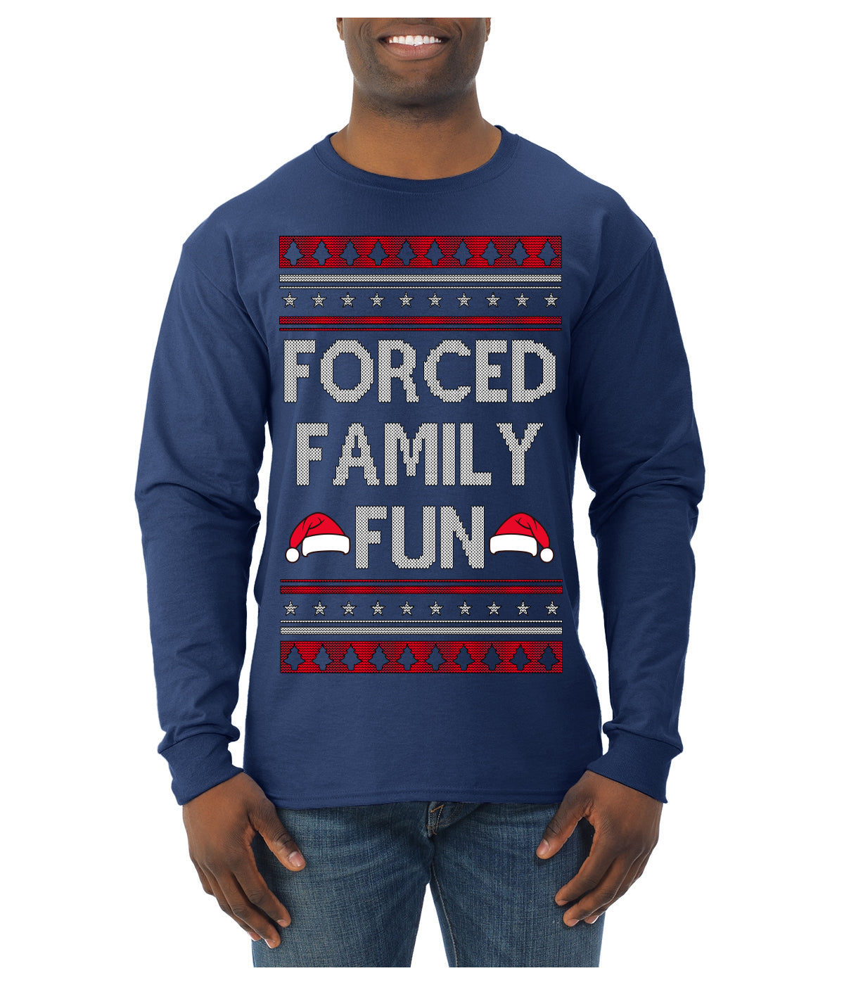 Forced Family Fun, Xmas Holiday Funny Ugly Christmas Sweater Mens Long Sleeve Shirt