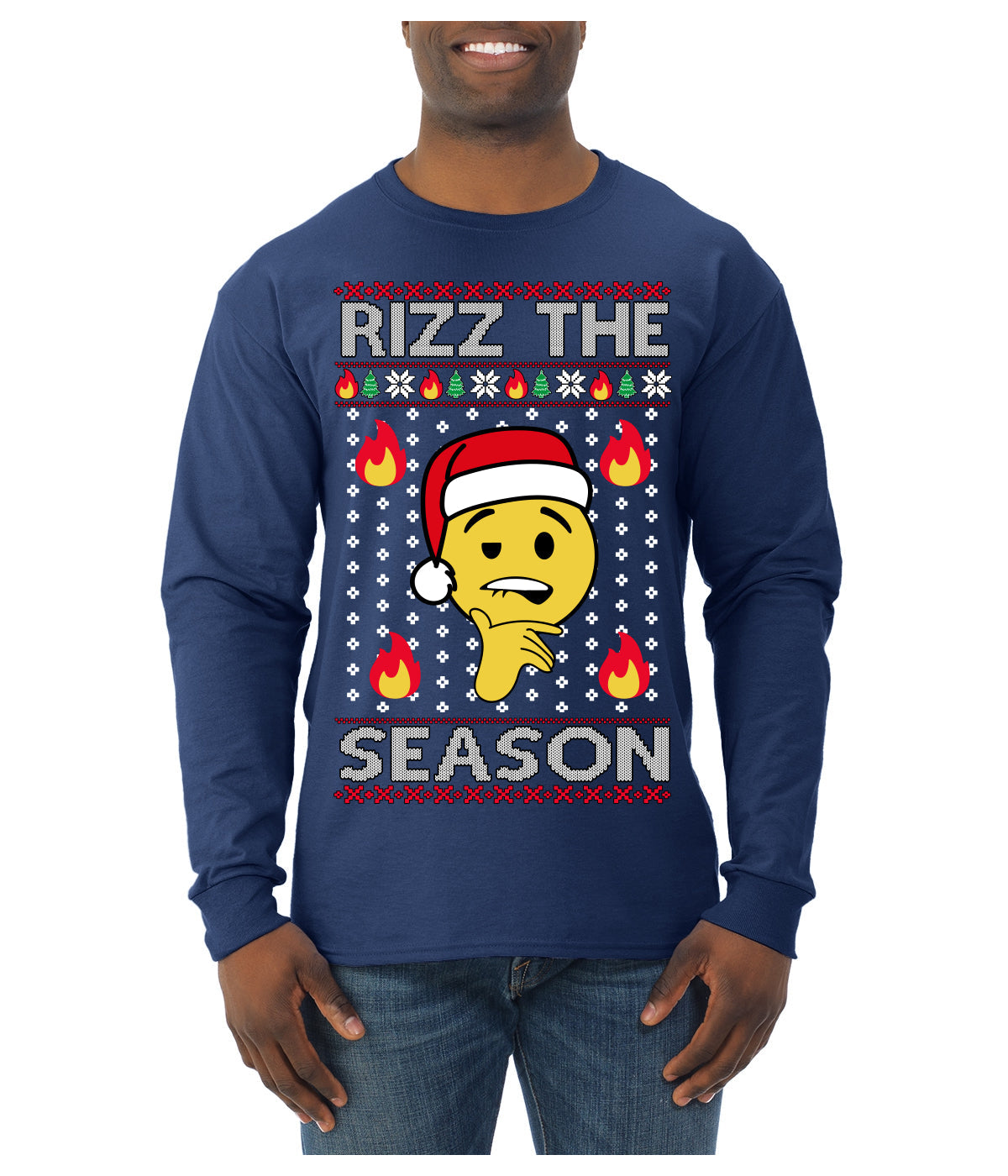 Rizz the Season Viral Internet Fire Emoji Face Meme Ugly Christmas Sweater Mens Long Sleeve Shirt