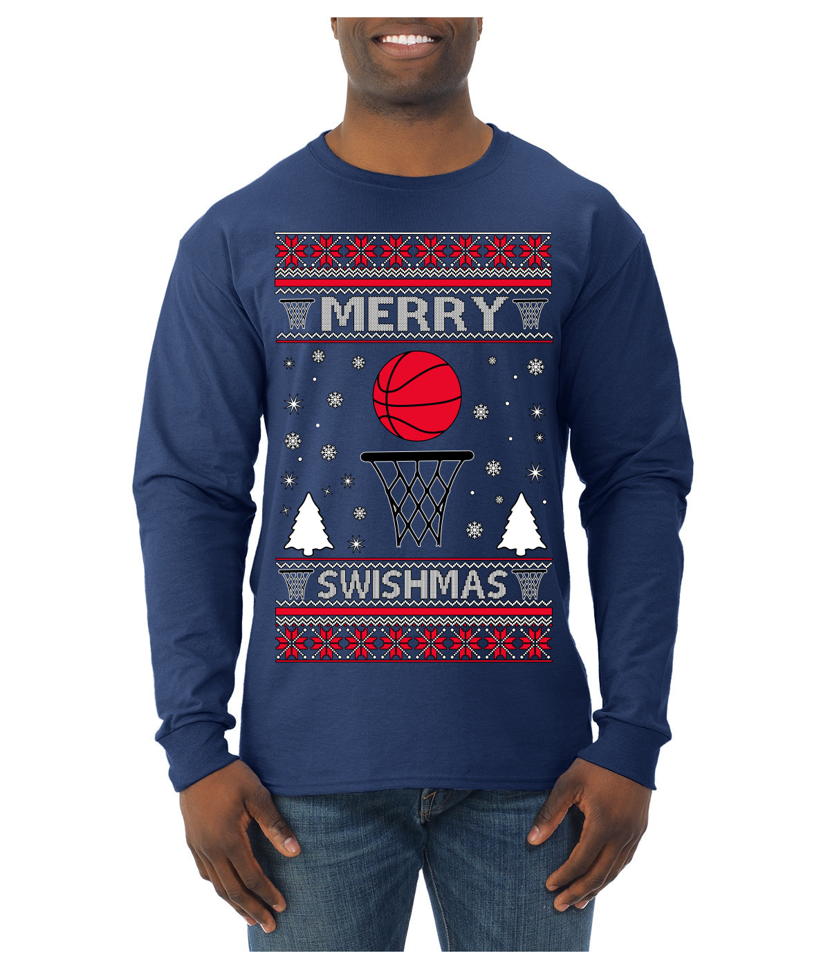 Merry Swishmas Basketball Sports Ugly Christmas Sweater Mens Long Sleeve Shirt