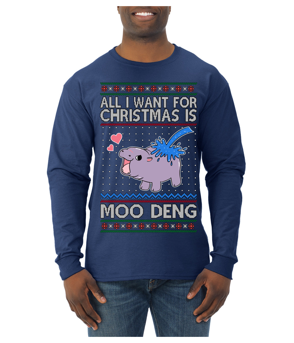 All I Want for Christmas is Moo Deng Cute Pygmy Hippo Ugly Christmas Sweater Mens Long Sleeve Shirt