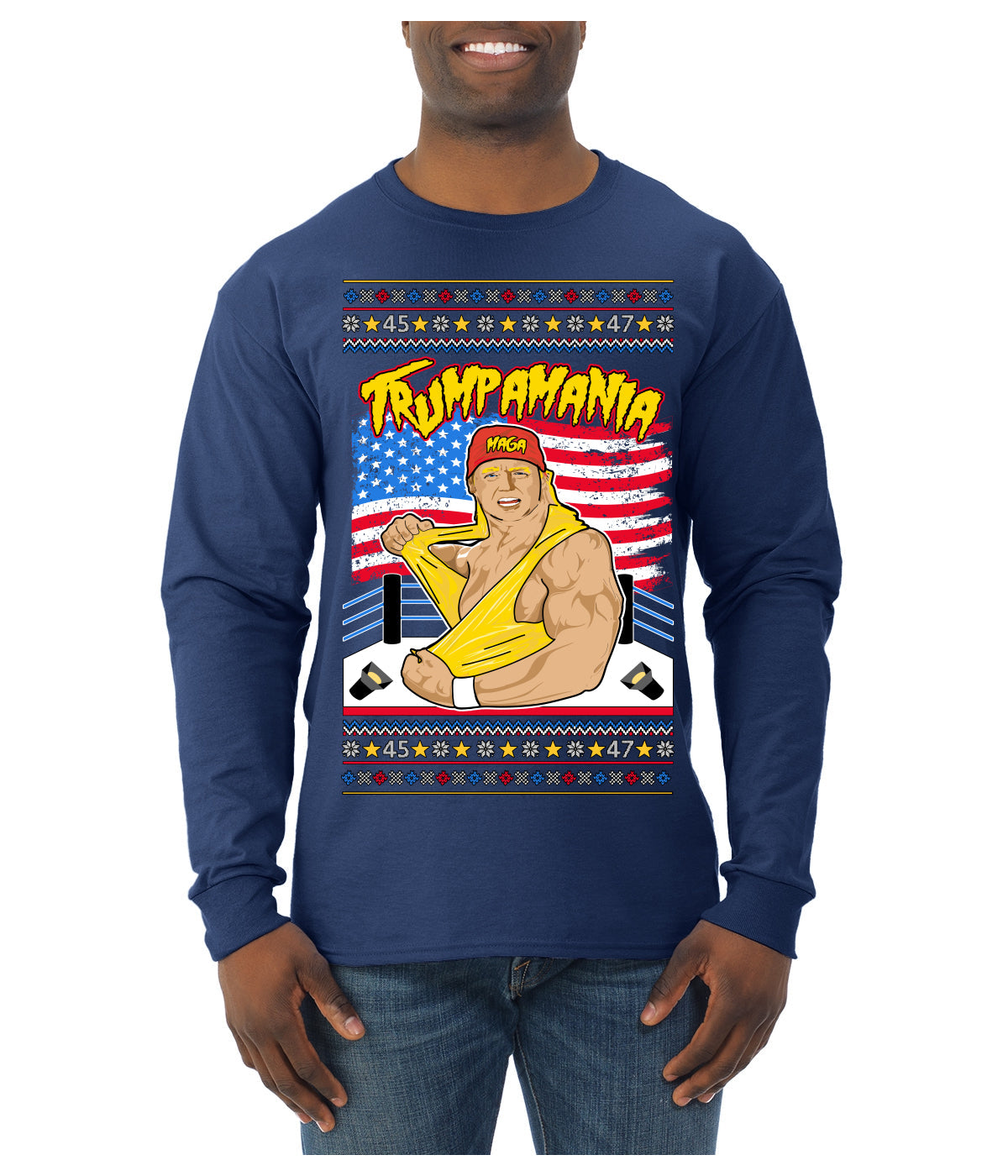 Trumpamania Funny Hogan 80s USA Wrestling Sports Parody Ugly Christmas Sweater Mens Long Sleeve Shirt