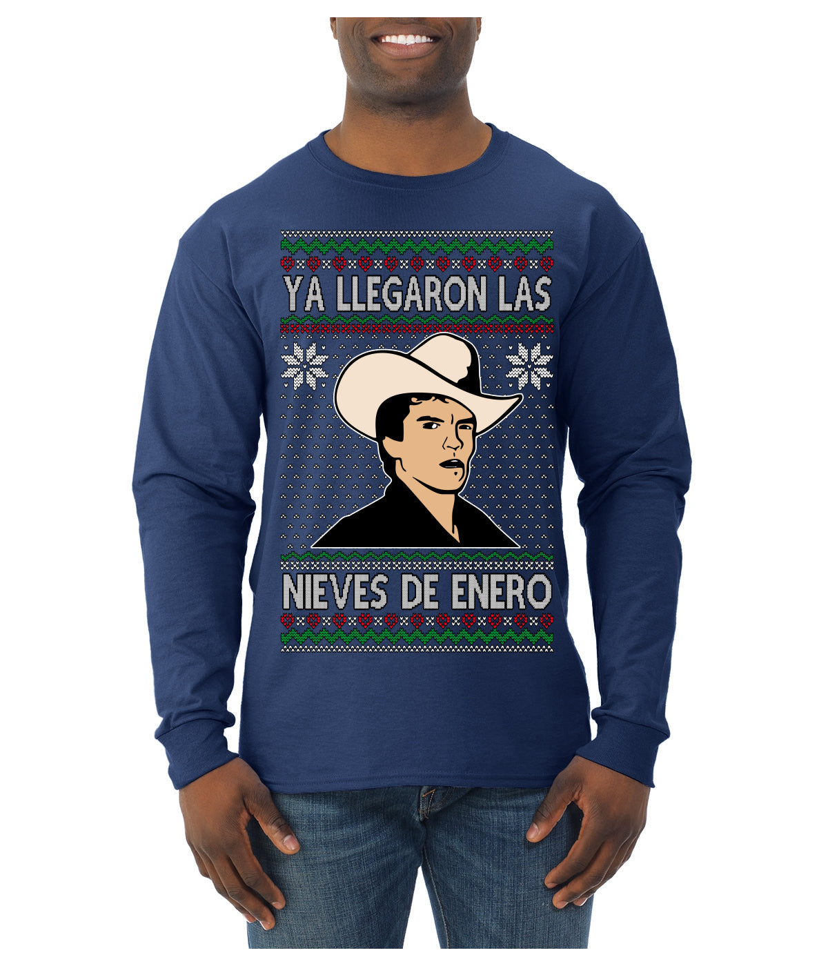 Ya Llegaron Las Nieves De Enero Chalino January Snow Ugly Christmas Sweater Mens Long Sleeve Shirt