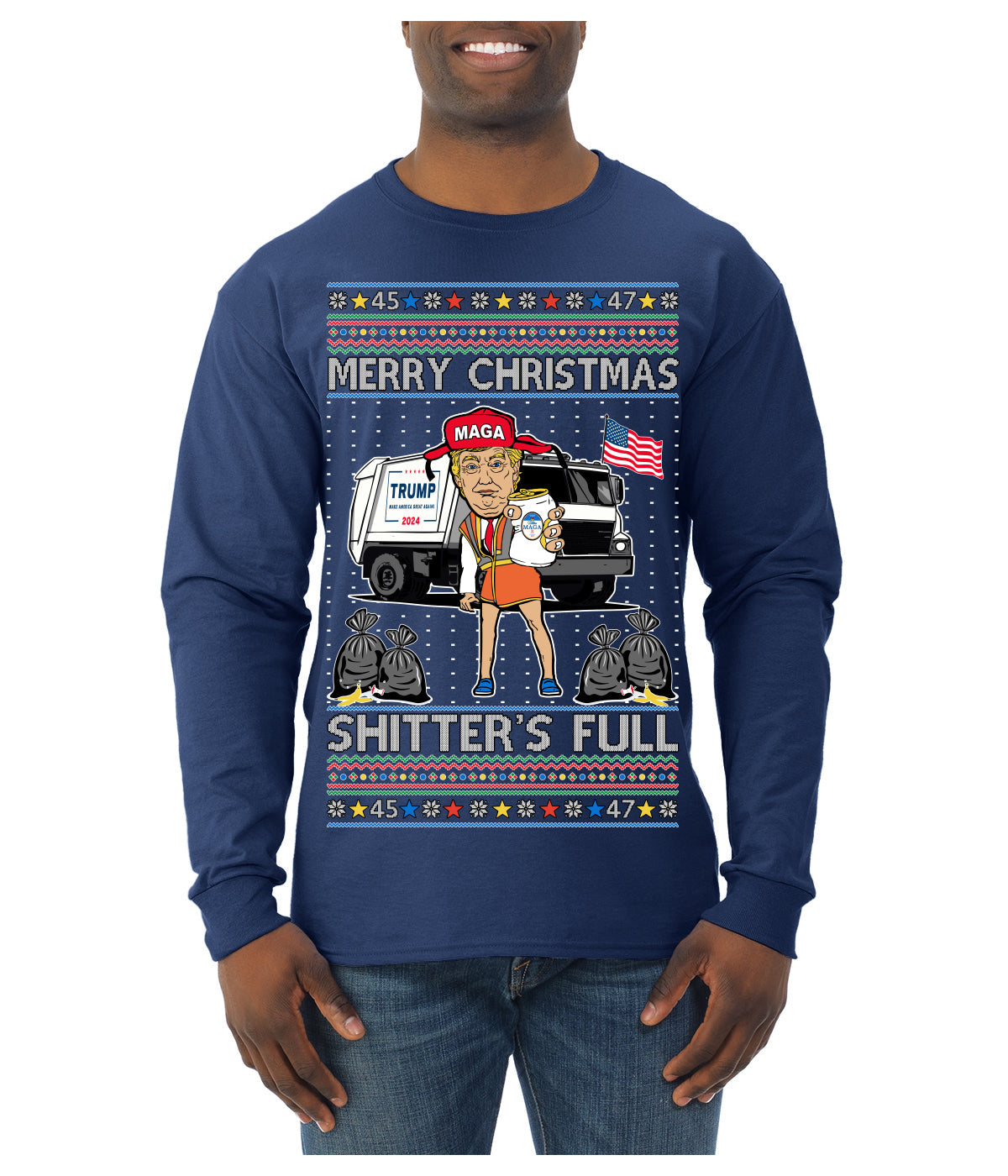 Donald Trump Merry Christmas Shitter's Full Cousin Eddie Ugly Christmas Sweater Mens Long Sleeve Shirt