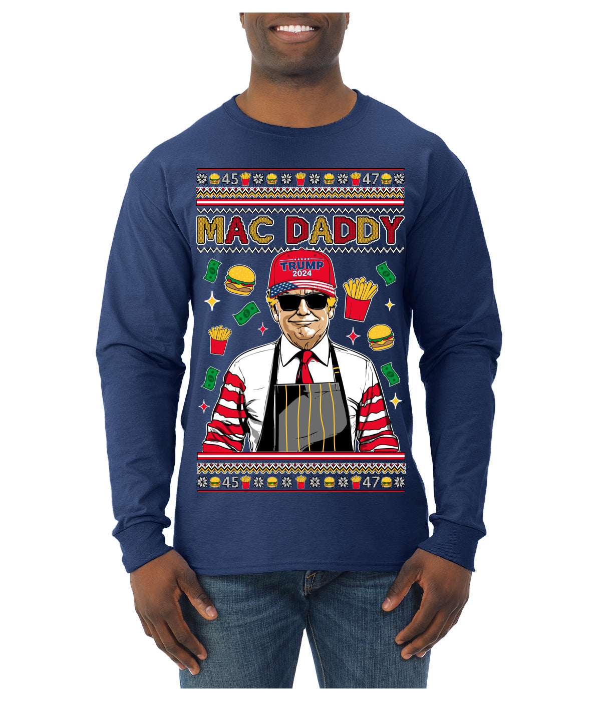 Mac Daddy Funny Viral Trump Meme Fast Food Fries Burgers Ugly Christmas Sweater Mens Long Sleeve Shirt