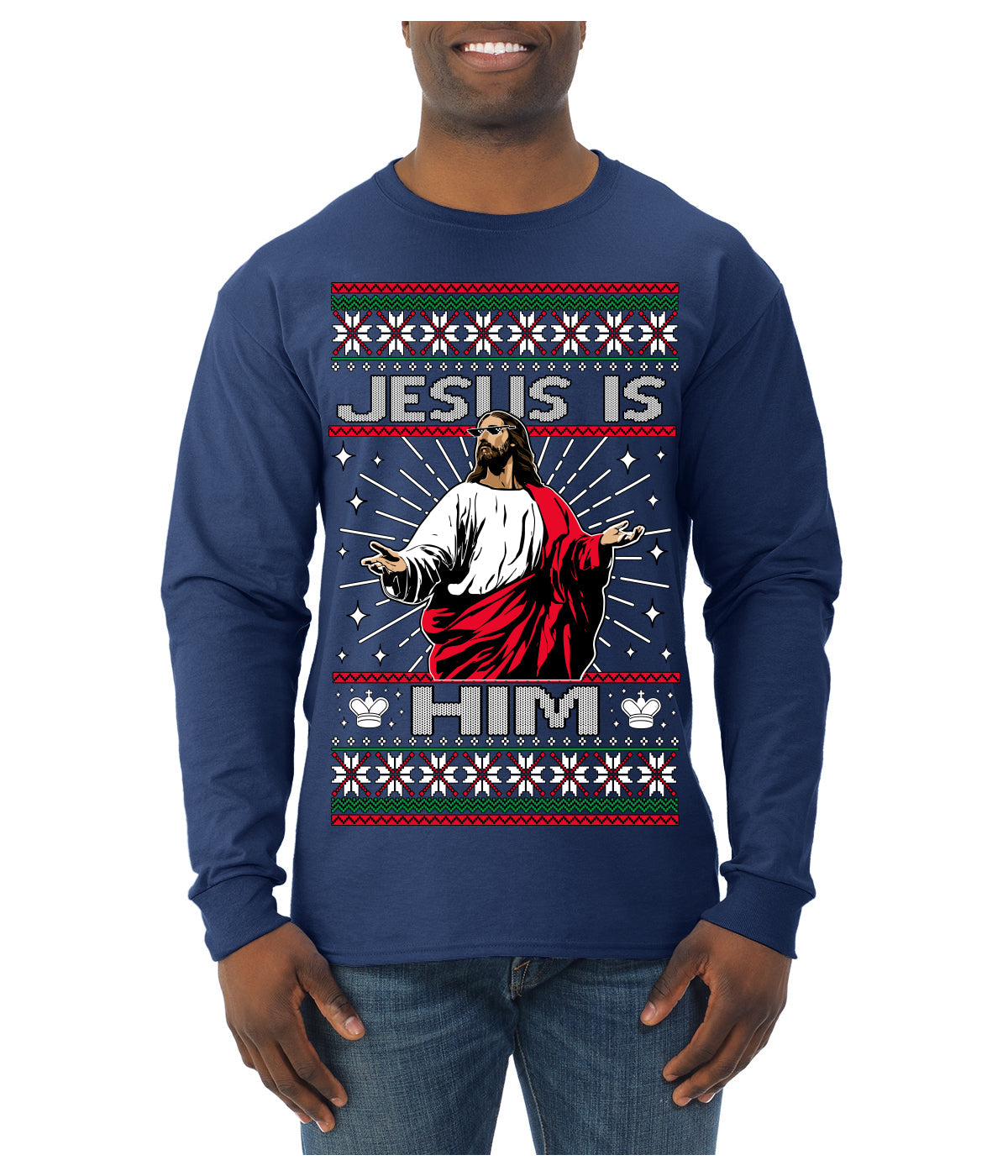 Jesus Is Him Funny Gen Z Viral Meme Shades Slang Ugly Christmas Sweater Mens Long Sleeve Shirt