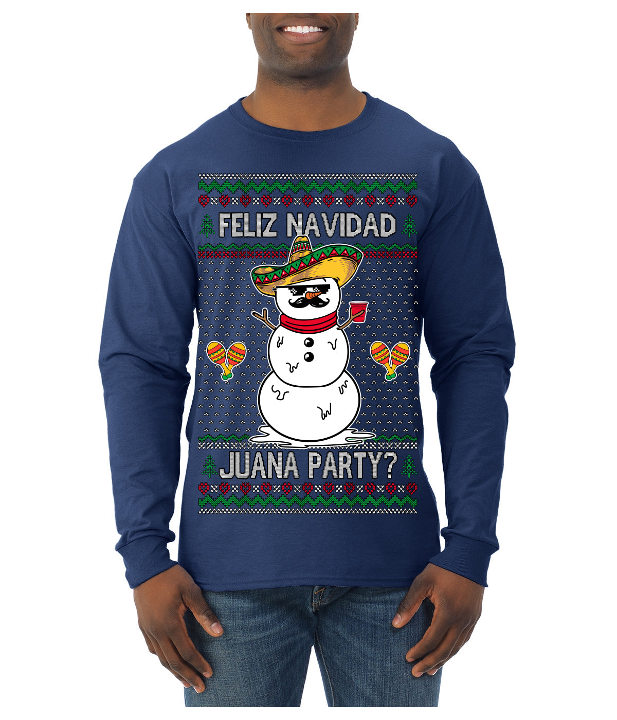 Feliz Navidad Juana Party Funny Spanish Drinking Cerveza Ugly Christmas Sweater Mens Long Sleeve Shirt