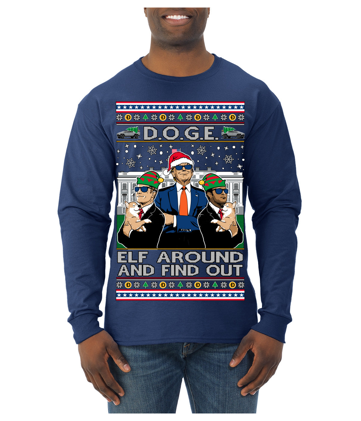 Doge Elf Around and Find Out Trump Elon Vivek MAGA Ugly Christmas Sweater Mens Long Sleeve Shirt