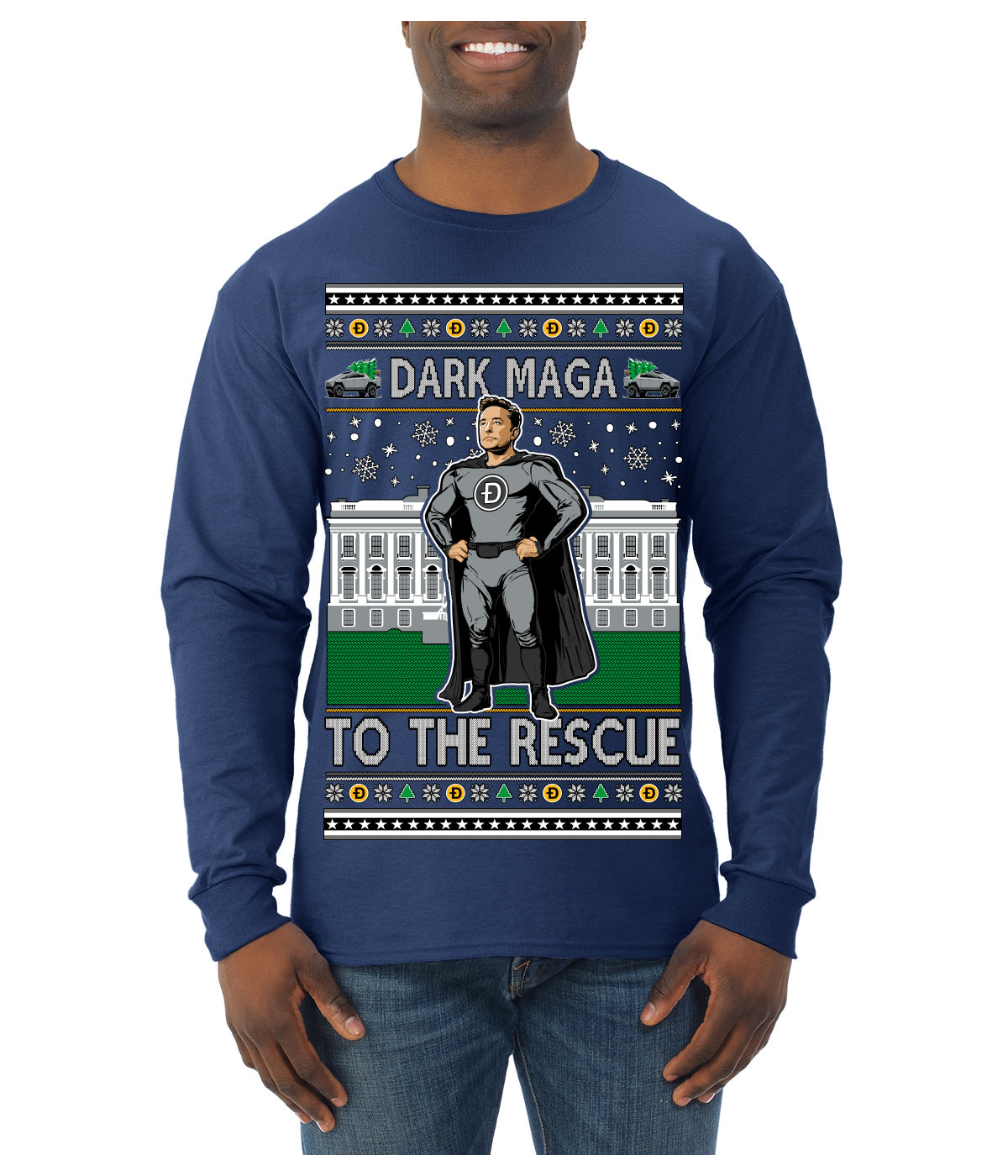 Dark MAGA to the Rescue Elon Superhero Doge Crypto Ugly Christmas Sweater Mens Long Sleeve Shirt