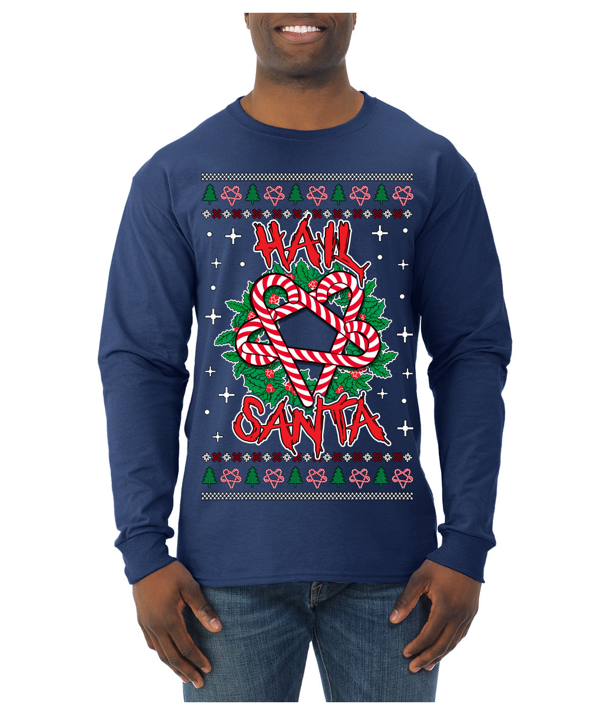 Hail Santa Funny Satanic Candy Devil Heavy Metal Satan Ugly Christmas Sweater Mens Long Sleeve Shirt